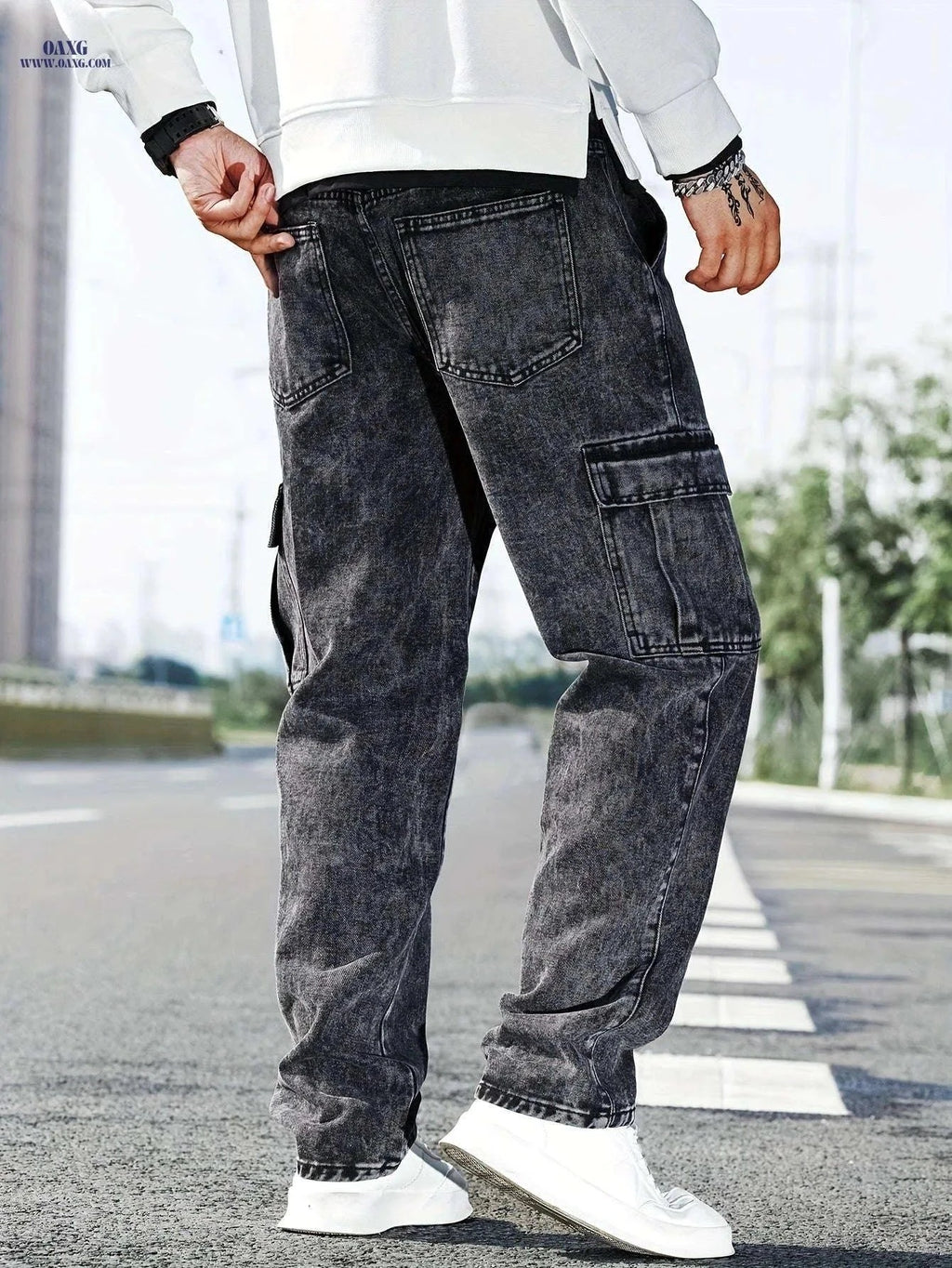 Men's Casual Wide-Leg Work Jeans - Multi-Pocket, Medium Stretch Fit   OAXG Dark Gray / FR S