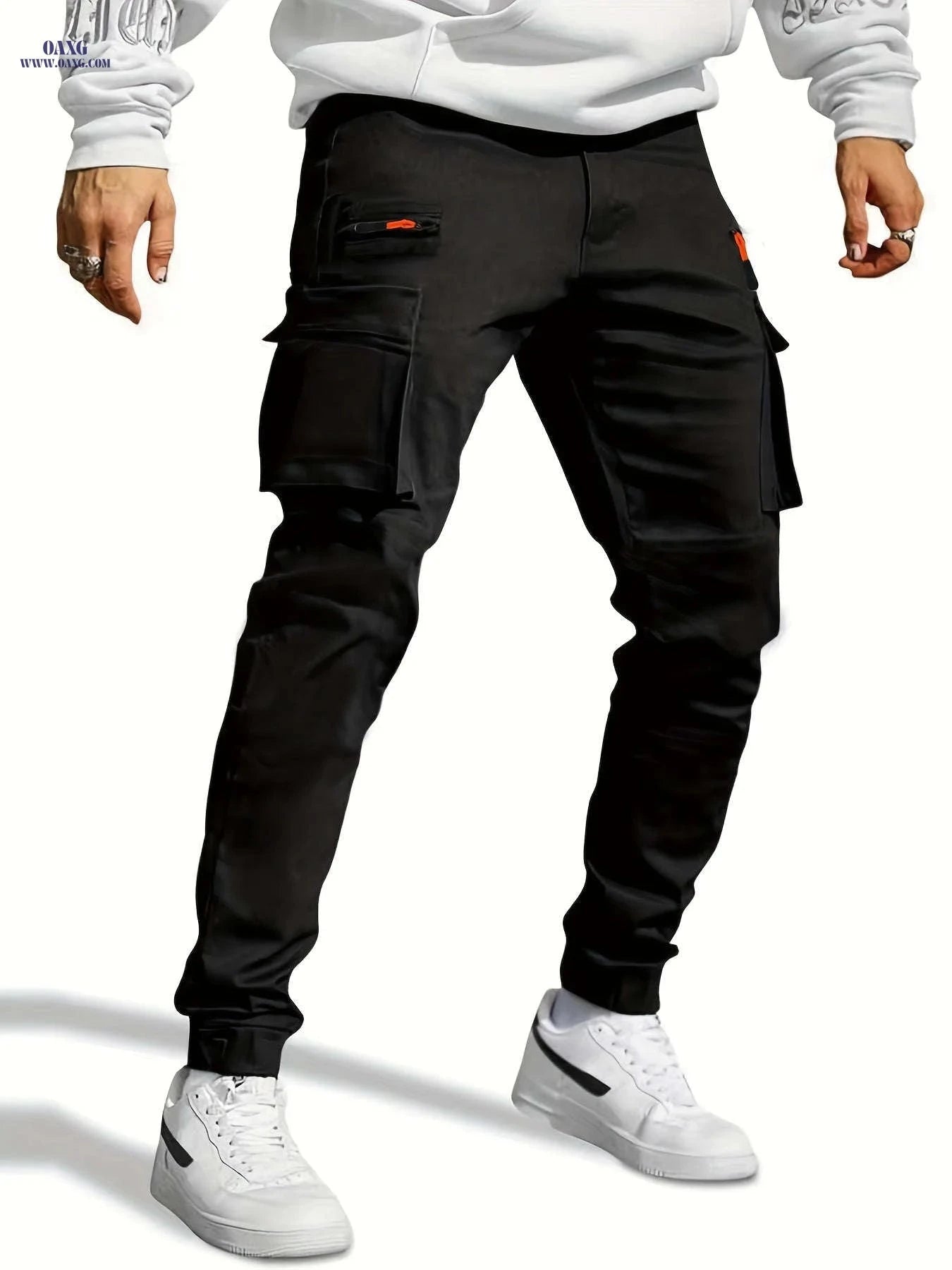 Men's Casual Work Pants - Slim Fit, Multi-Pocket, Black Color   OAXG 