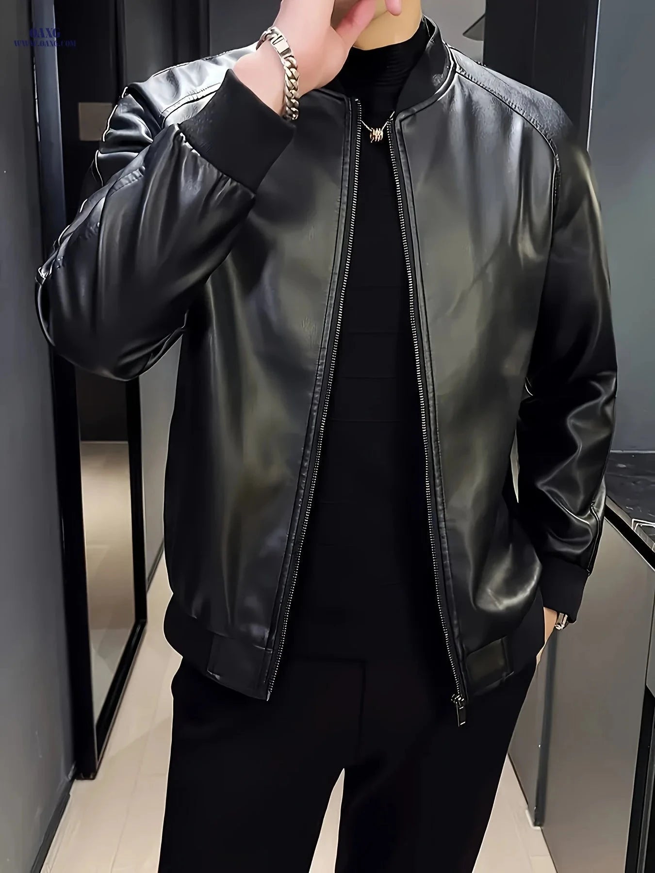 Men's Casual Workwear Jacket - Zipper Closure, Solid Color Design   OAXG 