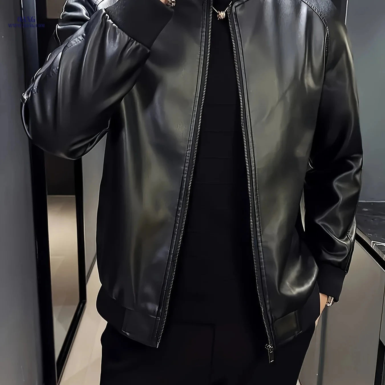 Men's Casual Workwear Jacket - Zipper Closure, Solid Color Design   OAXG Black / FR XS