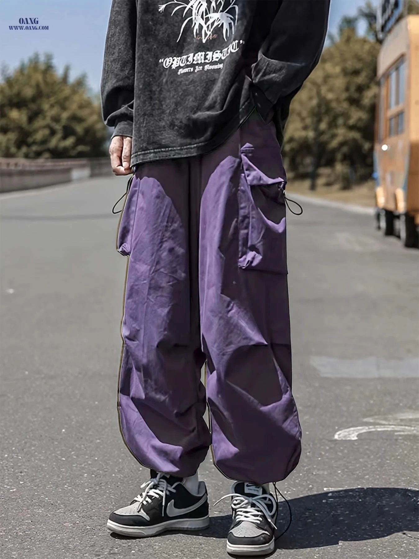 Men's Casual Y2K Loose Fit Cargo Pants - Flap Pockets, Drawstring   OAXG 