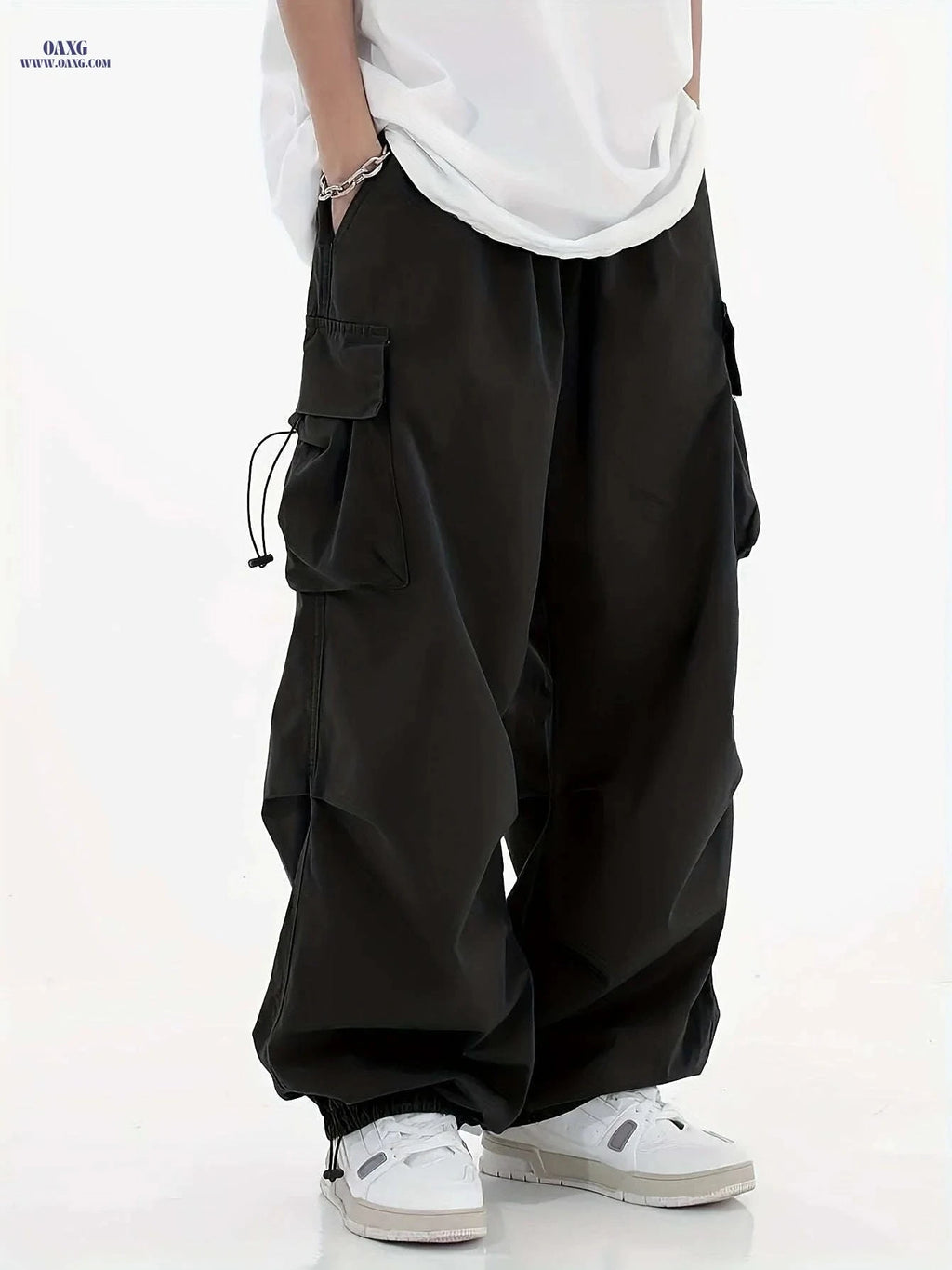 Men's Casual Y2K Loose Fit Cargo Pants - Flap Pockets, Drawstring   OAXG 