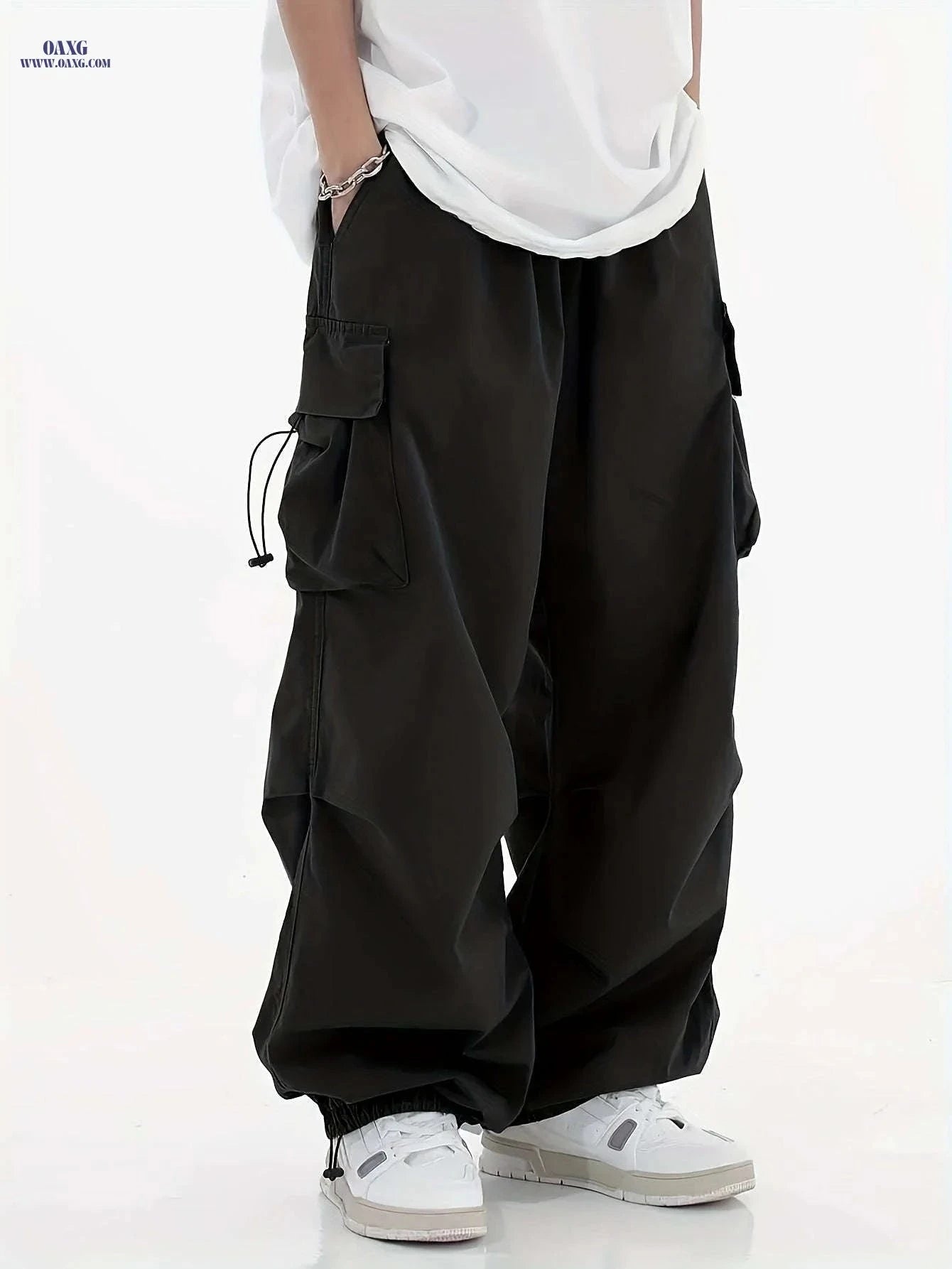 Men's Casual Y2K Loose Fit Cargo Pants - Flap Pockets, Drawstring   OAXG 