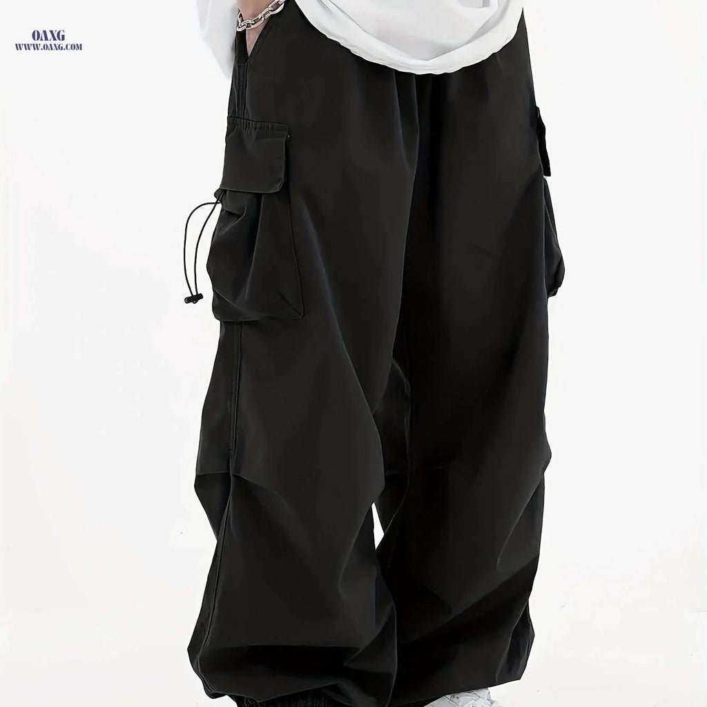 Men's Casual Y2K Loose Fit Cargo Pants - Flap Pockets, Drawstring   OAXG Black / FR S