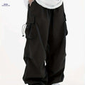 Men's Casual Y2K Loose Fit Cargo Pants - Flap Pockets, Drawstring   OAXG Black / FR S
