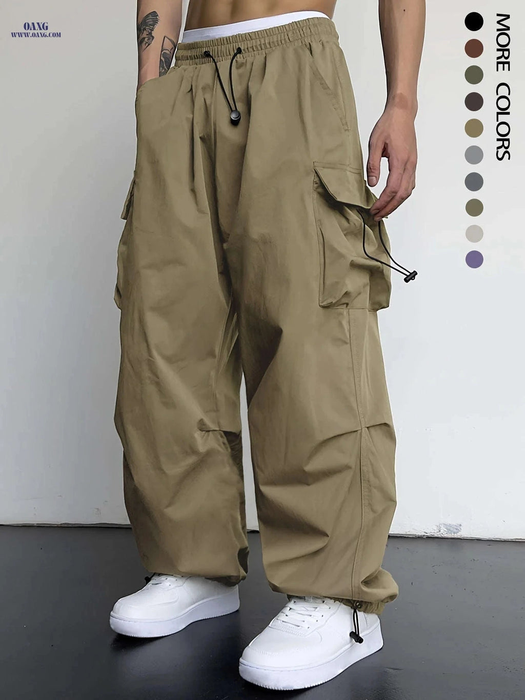 Men's Casual Y2K Loose Fit Cargo Pants - Flap Pockets, Drawstring   OAXG Black / FR S