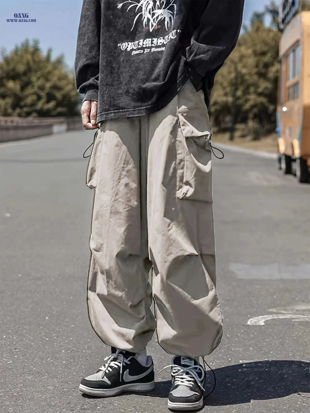 Men's Casual Y2K Loose Fit Cargo Pants - Flap Pockets, Drawstring   OAXG Black / FR S