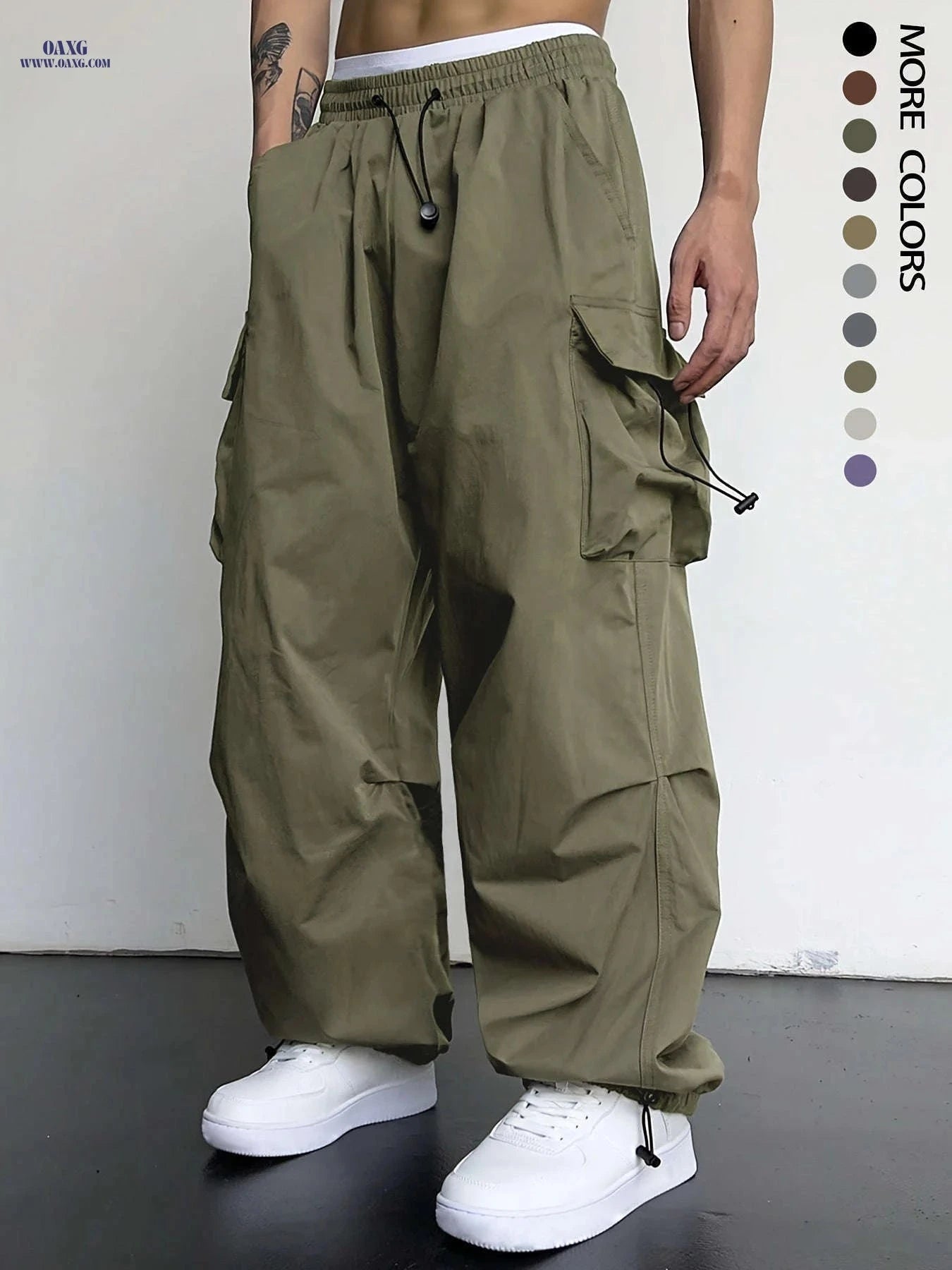 Men's Casual Y2K Loose Fit Cargo Pants - Flap Pockets, Drawstring   OAXG Black / FR S