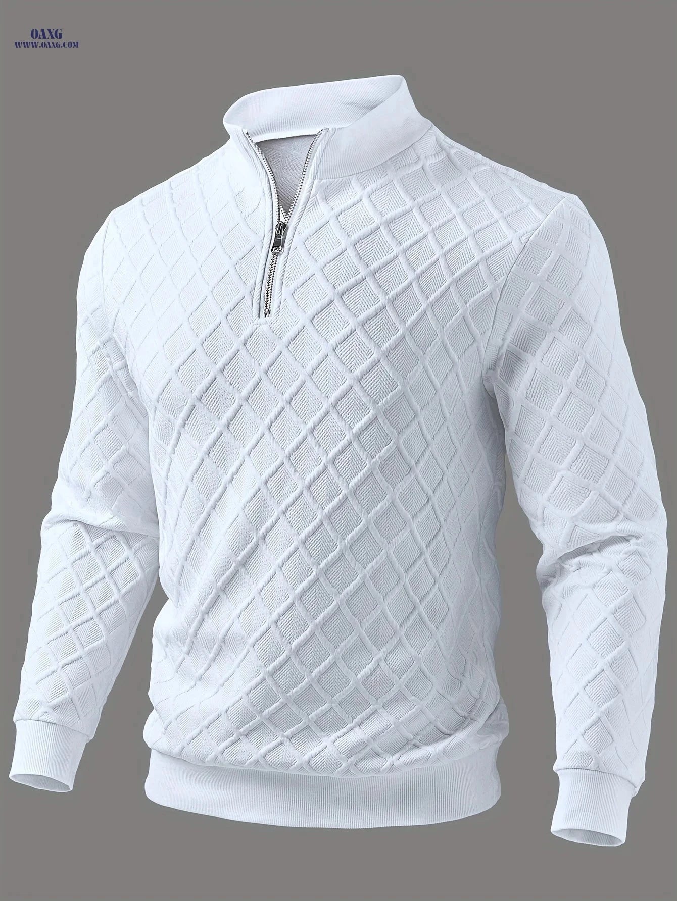 Men’s Casual Zip-Up Sweater - Solid Color, Geometric Pattern Knitwear   OAXG 