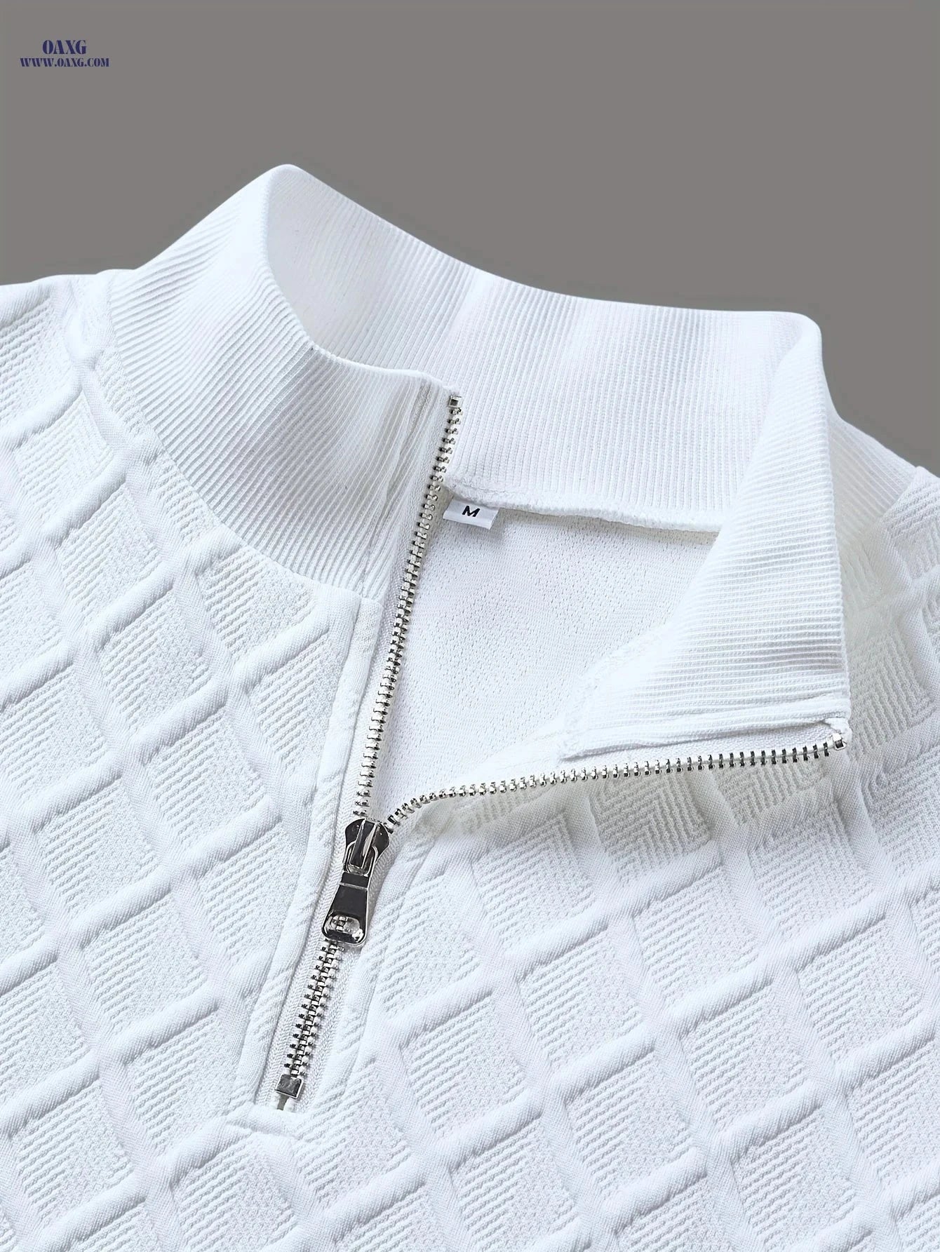 Men’s Casual Zip-Up Sweater - Solid Color, Geometric Pattern Knitwear   OAXG White / FR S