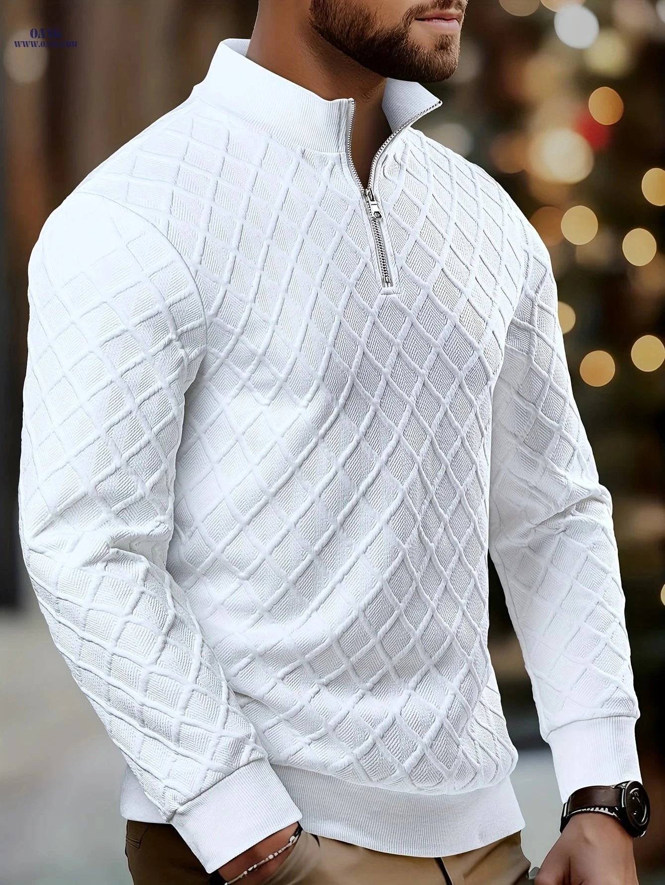 Men’s Casual Zip-Up Sweater - Solid Color, Geometric Pattern Knitwear   OAXG White / FR S