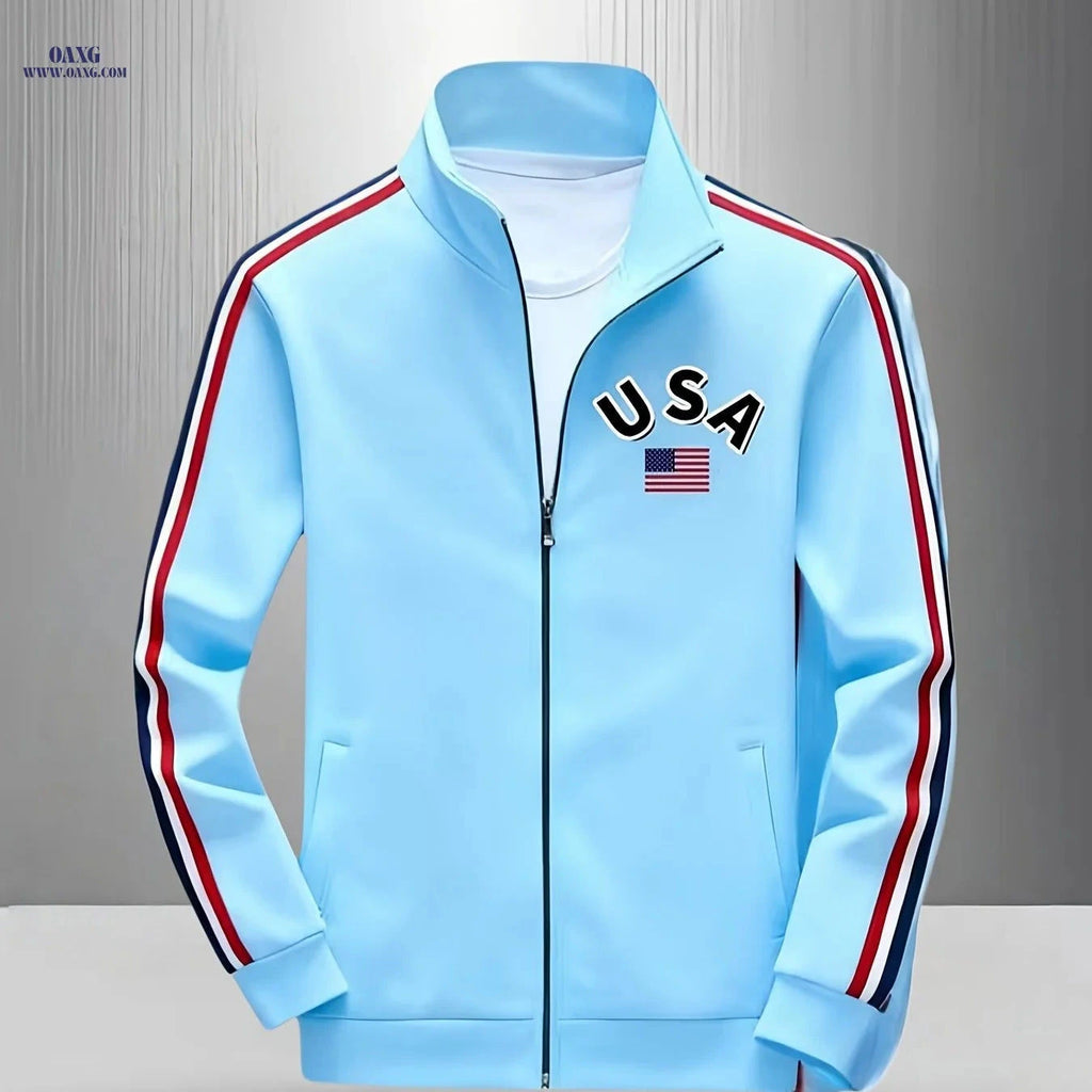 Men's Casual Zip-Up Track Jacket - Light Blue USA Flag Design   OAXG Mixed colors / FR M