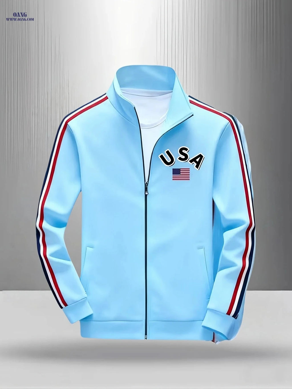 Men's Casual Zip-Up Track Jacket - Light Blue USA Flag Design   OAXG Mixed colors / FR M