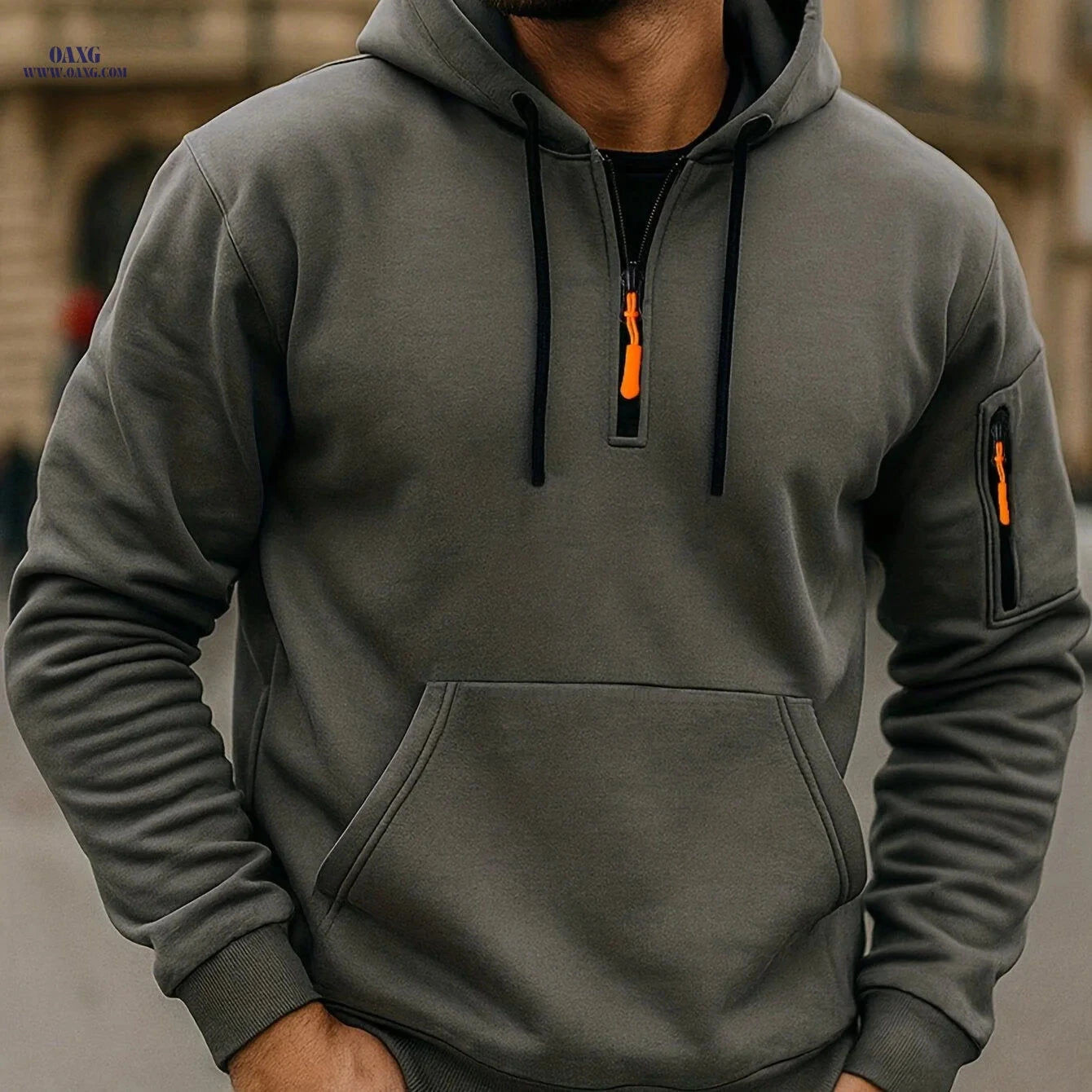 Men's Casual Zipper Hoodie - European American Style for Fall/Winter   OAXG Khaki / FR S