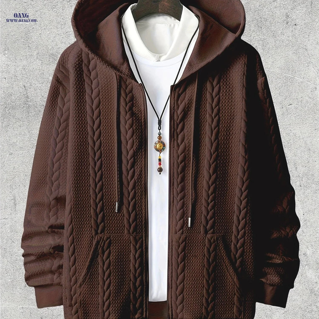 Men's Casual Zipper Hoodie - Long Sleeve Knit Cardigan for Fall   OAXG 