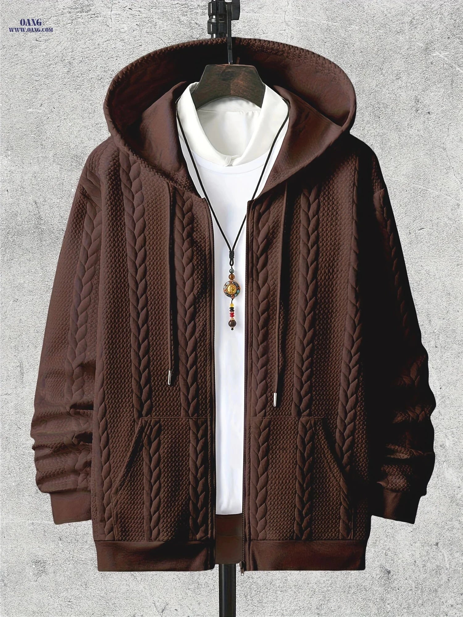Men's Casual Zipper Hoodie - Long Sleeve Knit Cardigan for Fall   OAXG Coffee Brown / FR XL