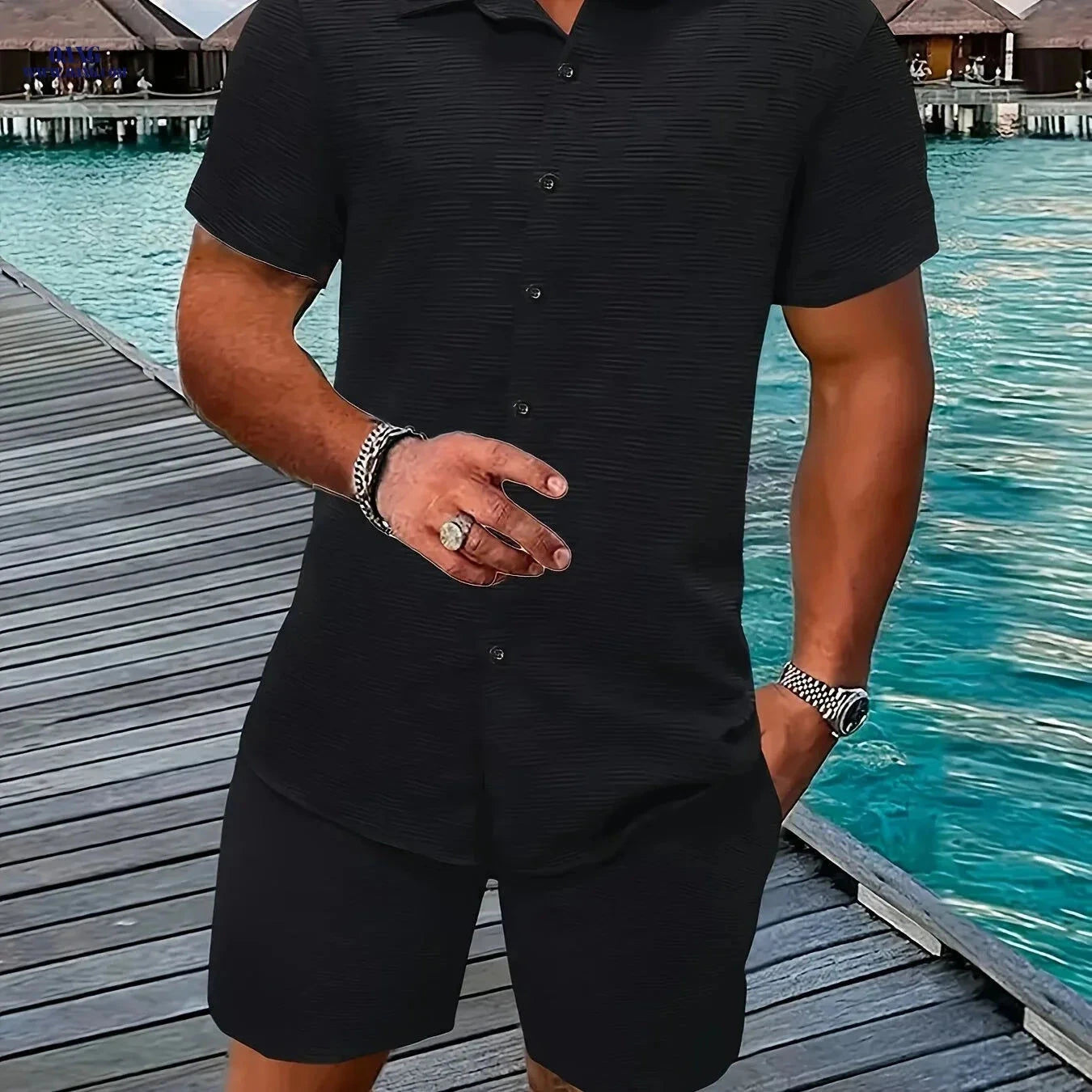 Men's Checkered Lapel Short Sleeve Shirt & Shorts Set - Summer Style   OAXG 