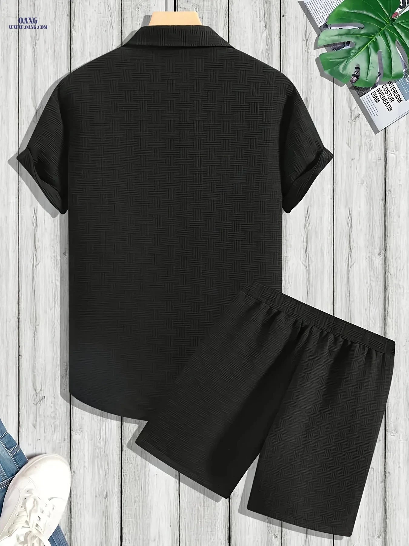 Men's Checkered Lapel Short Sleeve Shirt & Shorts Set - Summer Style   OAXG 