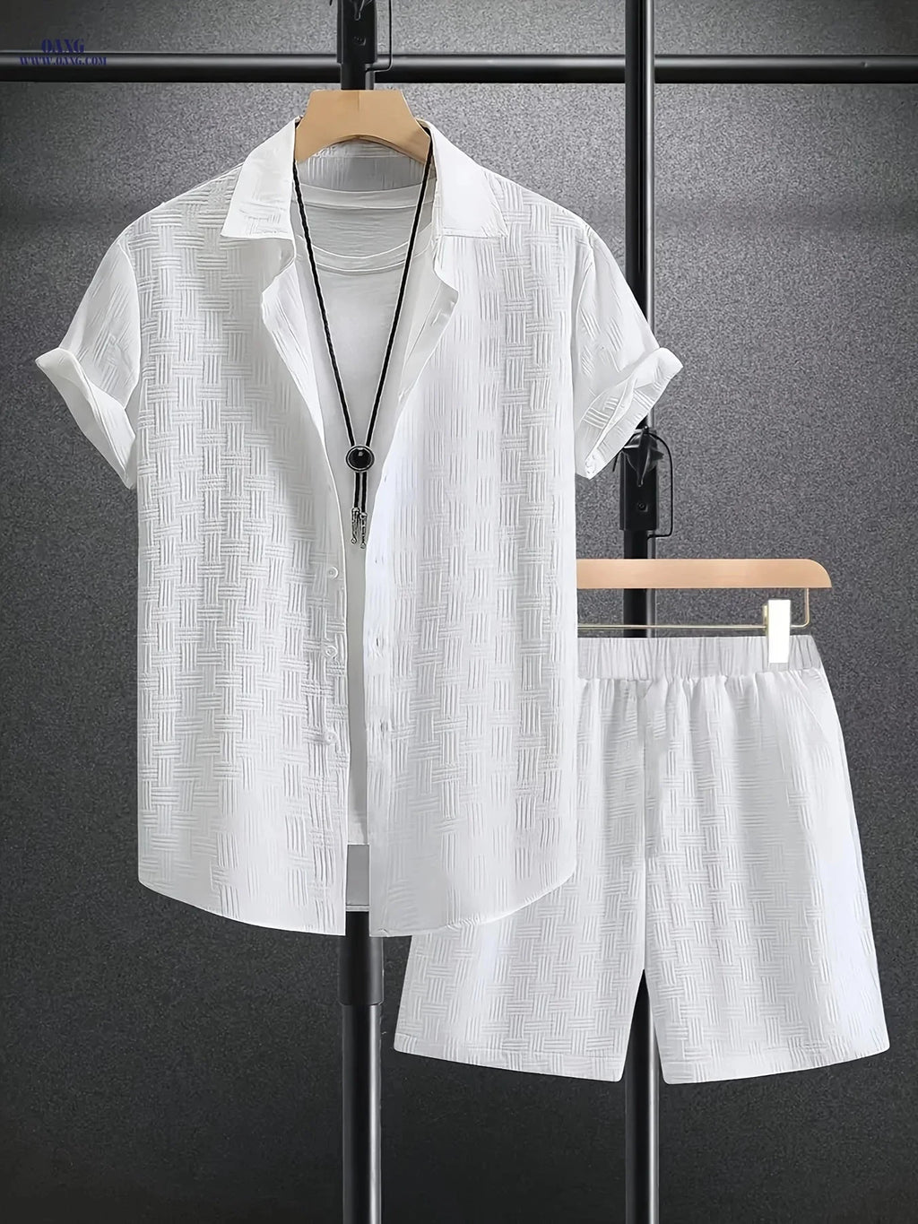 Men's Checkered Lapel Short Sleeve Shirt & Shorts Set - Summer Style   OAXG White / FR S
