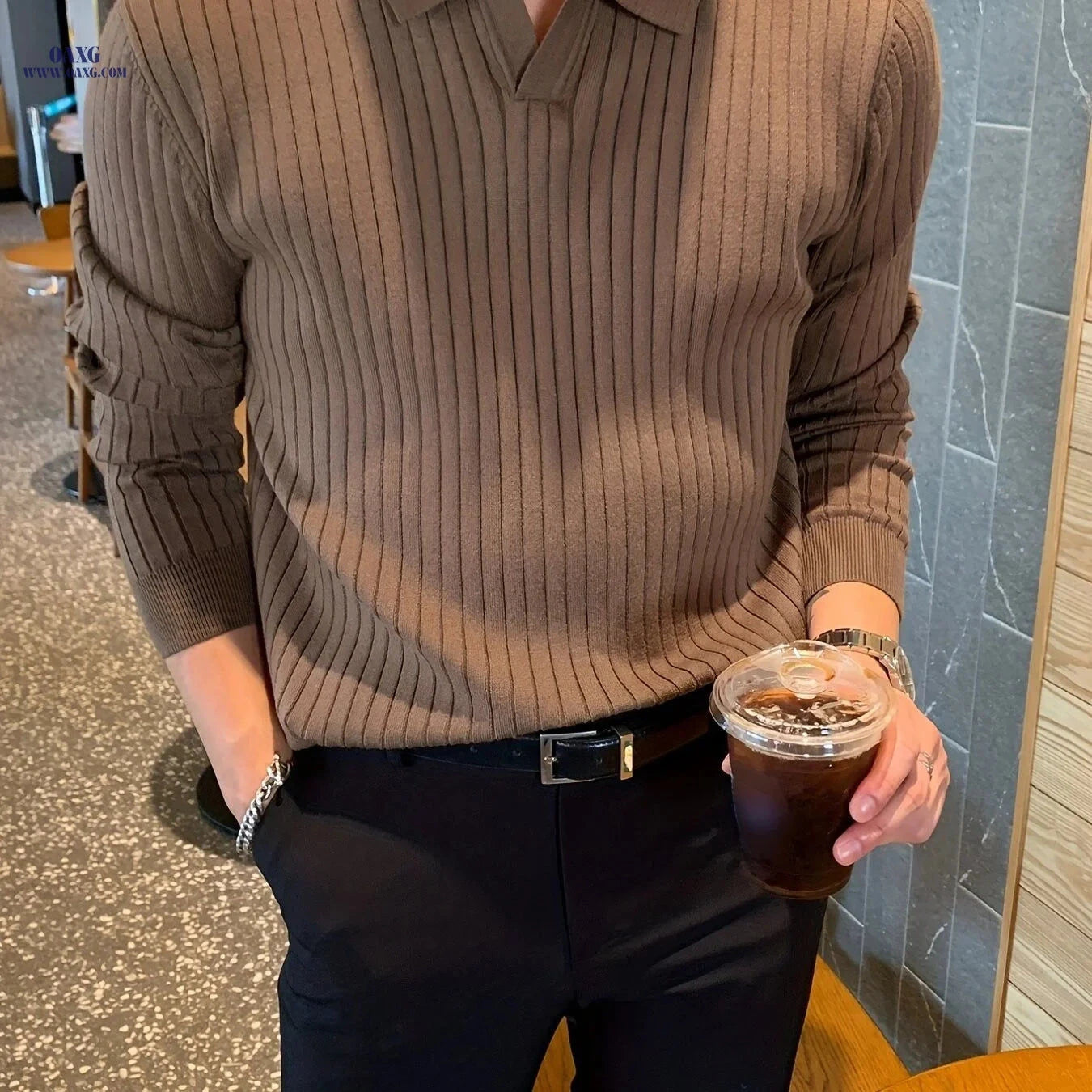 Men's Chic Knit Pullover Sweater - Casual V-Neck for Fall/Winter   OAXG 【Brown】 / FR S