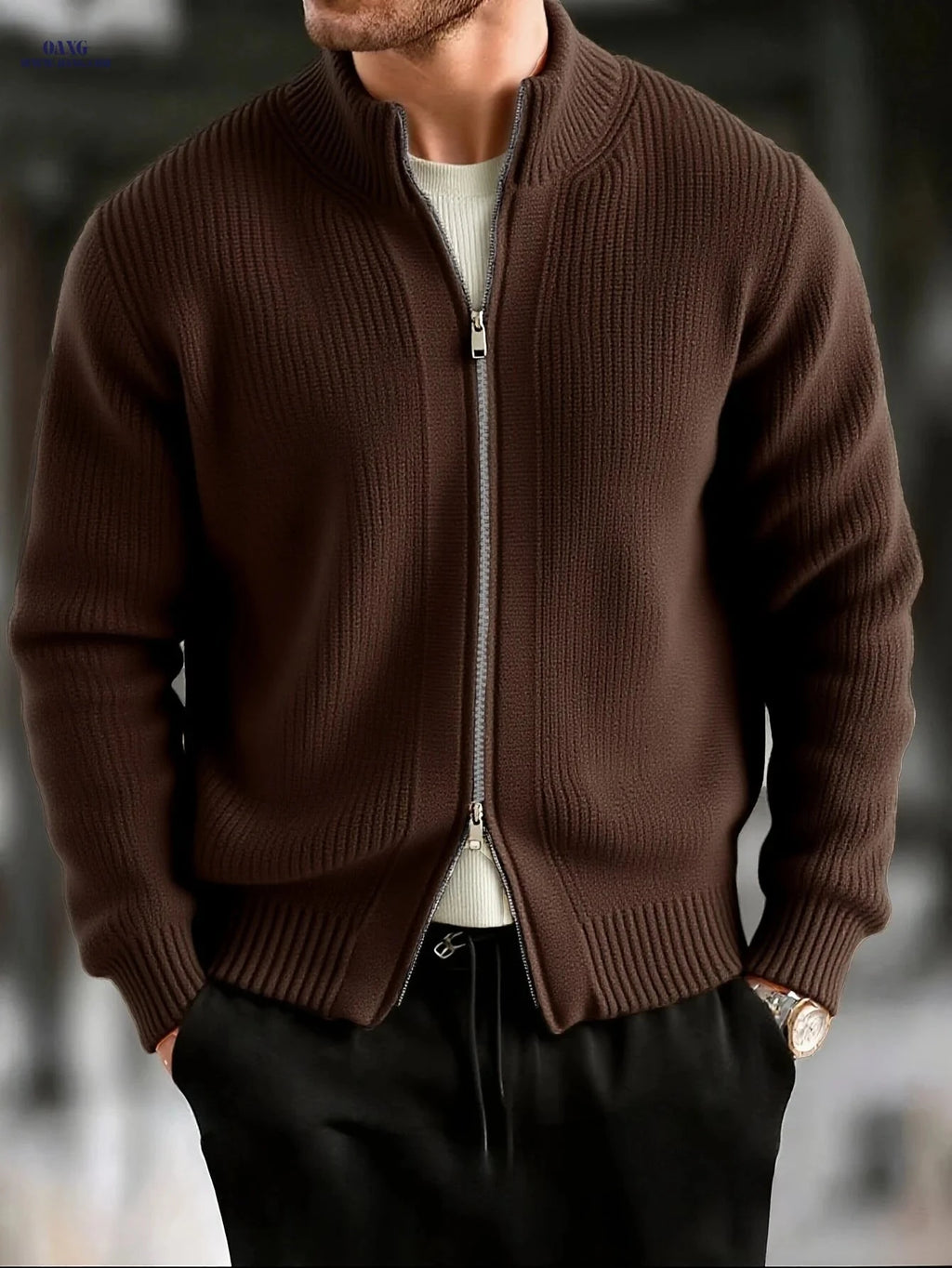 Men's Chunky Knit Cardigan - Comfortable Autumn/Winter Street Style   OAXG Coffee Brown / FR XS