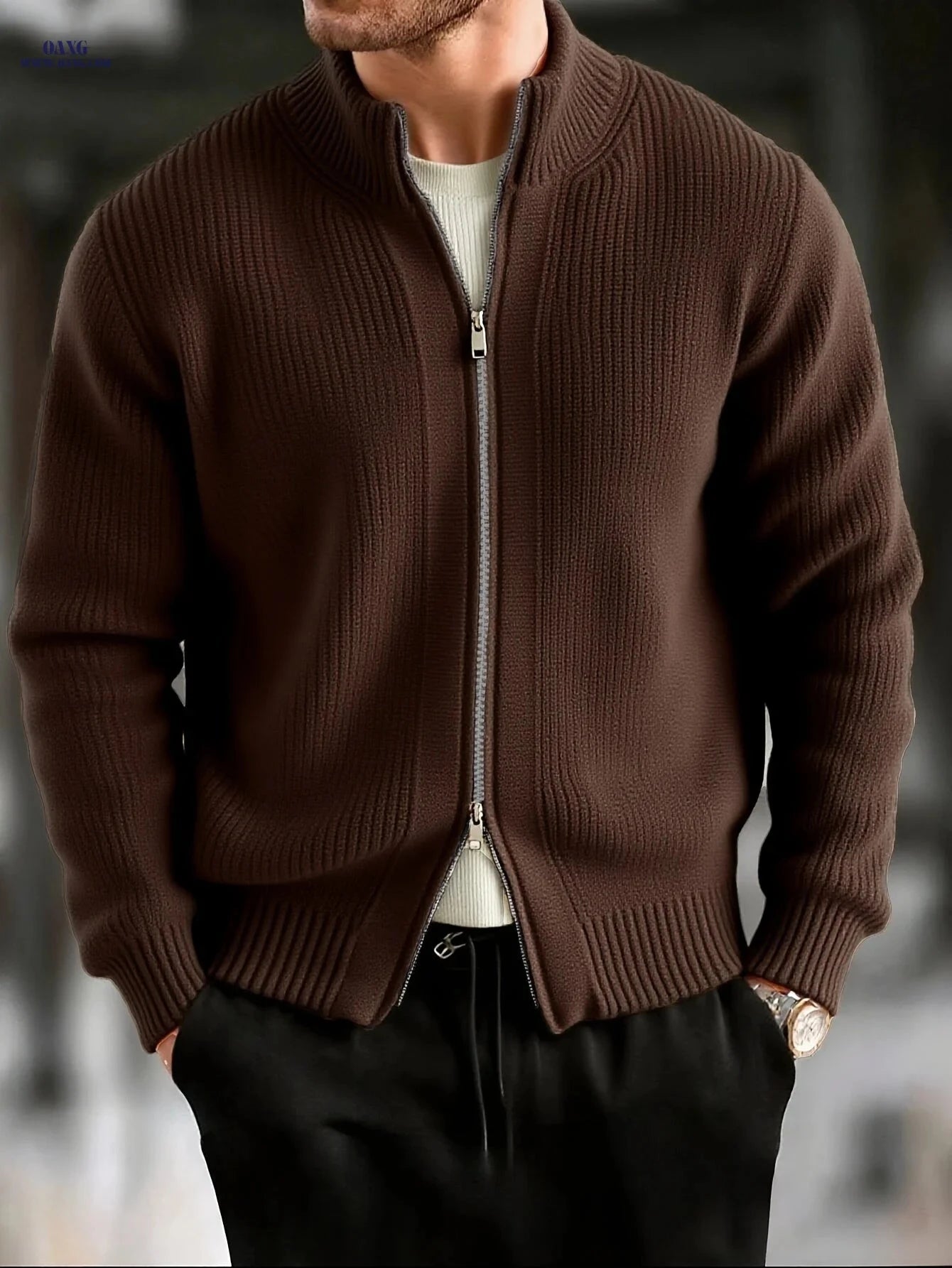 Men's Chunky Knit Cardigan - Comfortable Autumn/Winter Street Style   OAXG Coffee Brown / FR XS