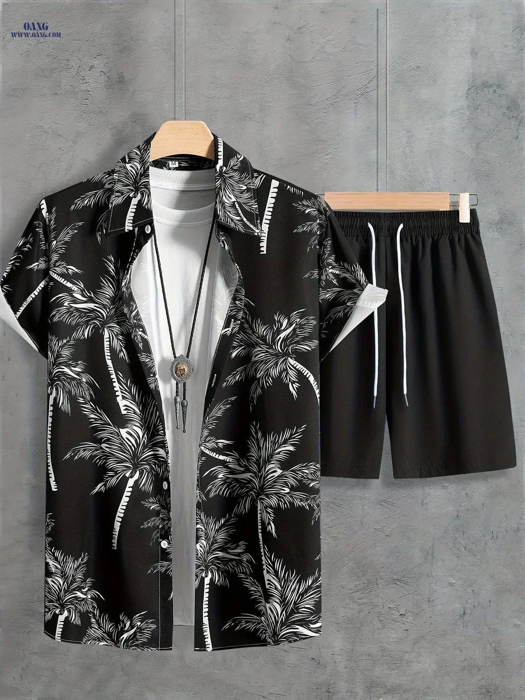 Men's Coconut Tree Print Hawaiian Outfit - Casual Short Sleeve Set   OAXG 