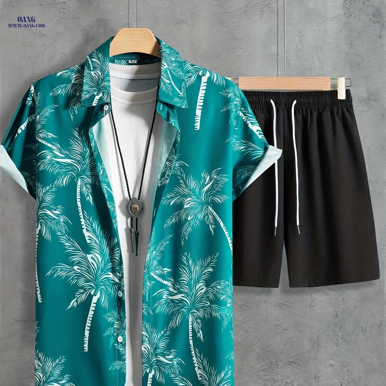 Men's Coconut Tree Print Hawaiian Outfit - Casual Short Sleeve Set   OAXG 