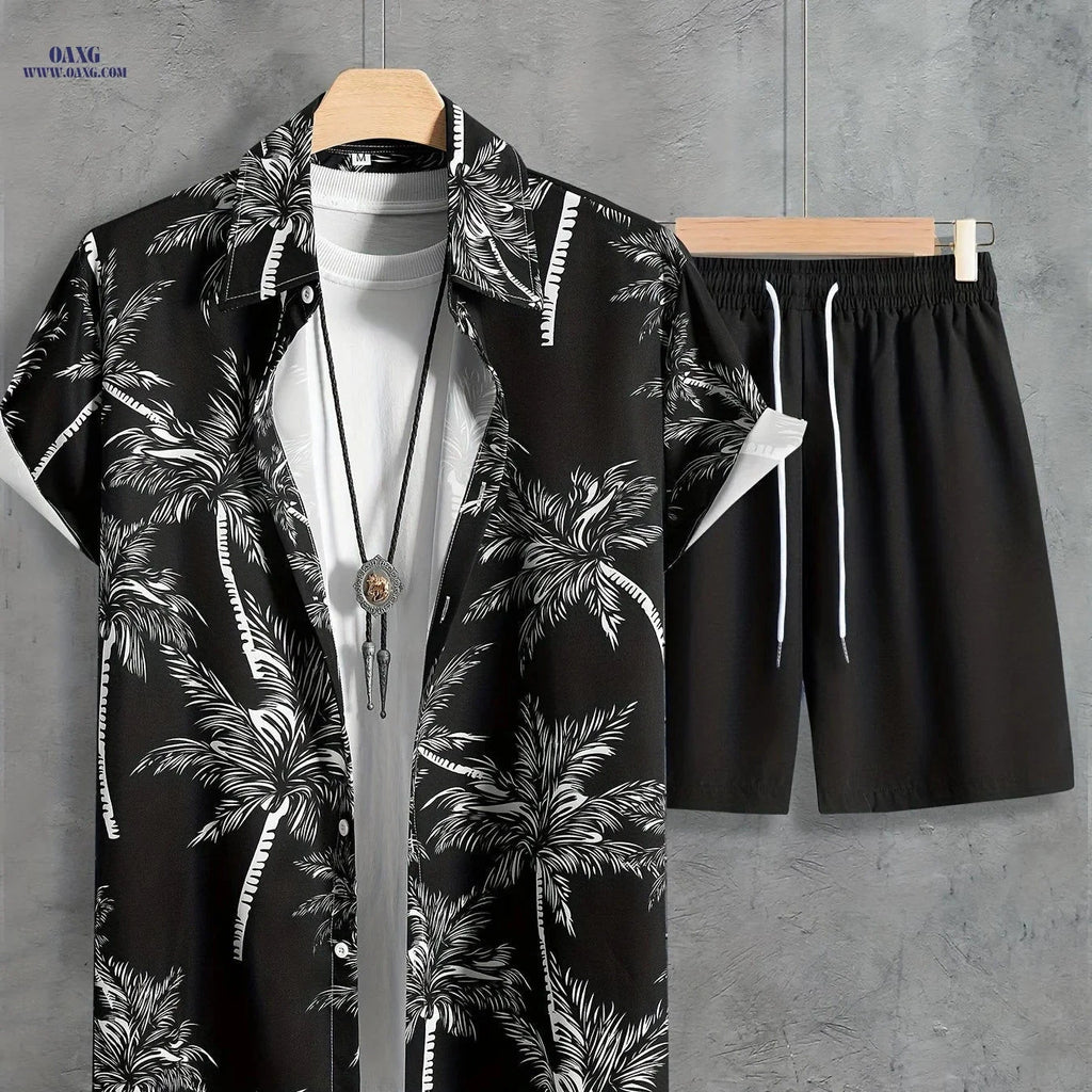 Men's Coconut Tree Print Hawaiian Outfit - Casual Short Sleeve Set   OAXG 