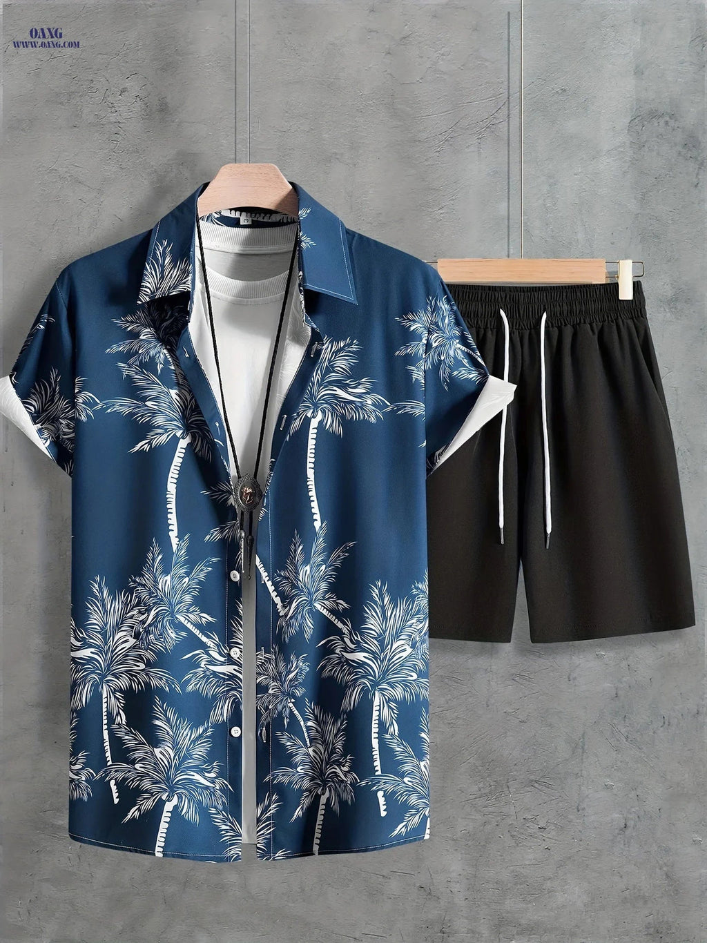 Men's Coconut Tree Print Hawaiian Outfit - Casual Short Sleeve Set   OAXG Space Black / FR S
