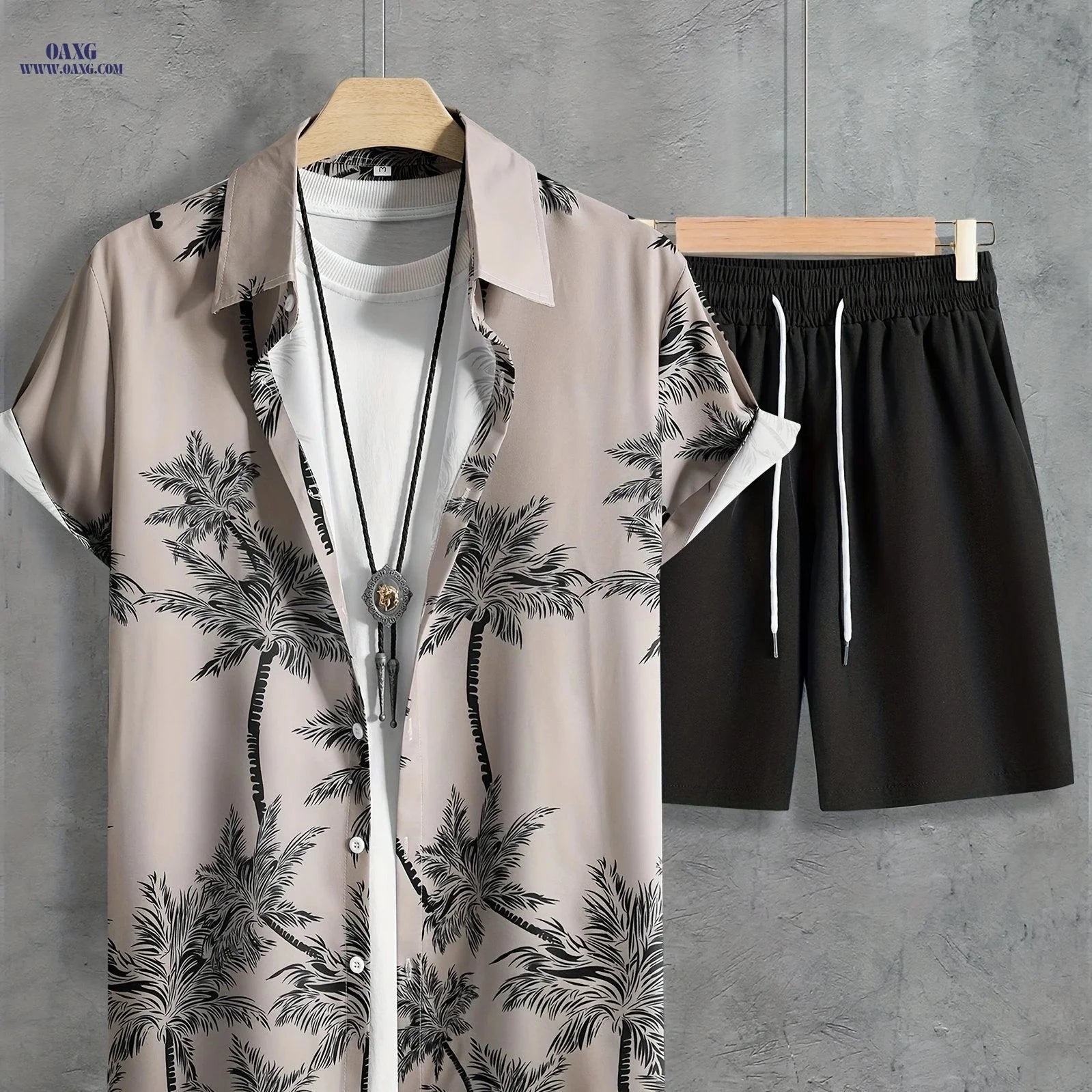 Men's Coconut Tree Print Hawaiian Outfit - Casual Short Sleeve Set   OAXG 