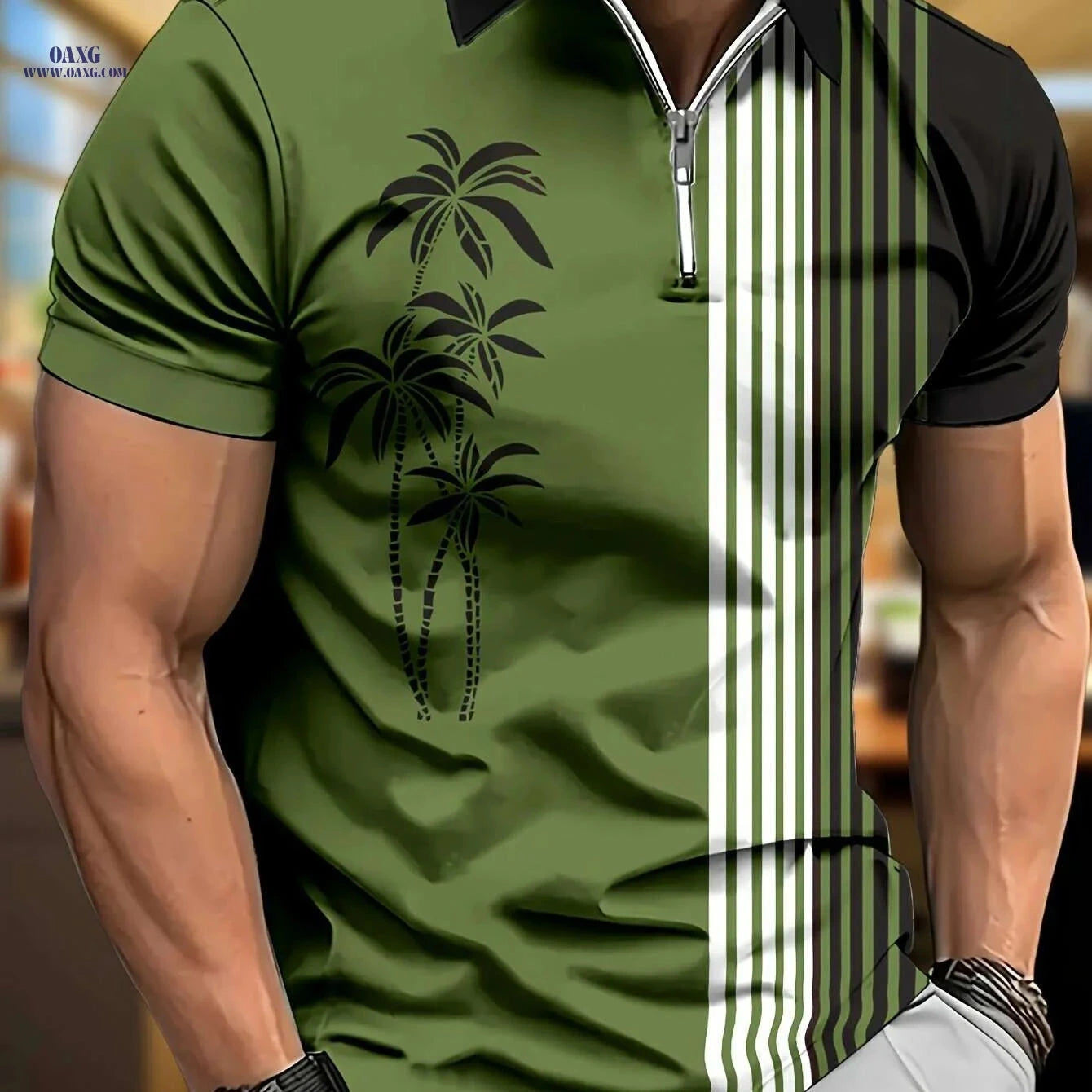 Men's Coconut Tree Stripe Print Zip Up Lapel Shirt - Casual Style   OAXG 