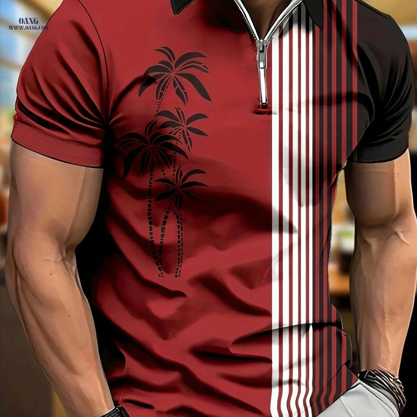 Men's Coconut Tree Stripe Print Zip Up Lapel Shirt - Casual Style   OAXG 