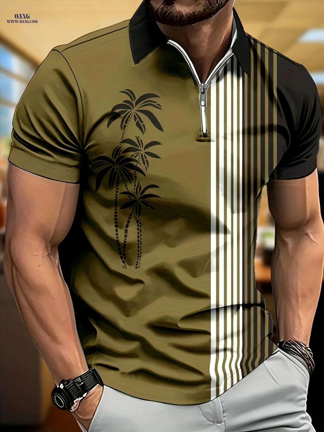 Men's Coconut Tree Stripe Print Zip Up Lapel Shirt - Casual Style   OAXG Navy Blue / M
