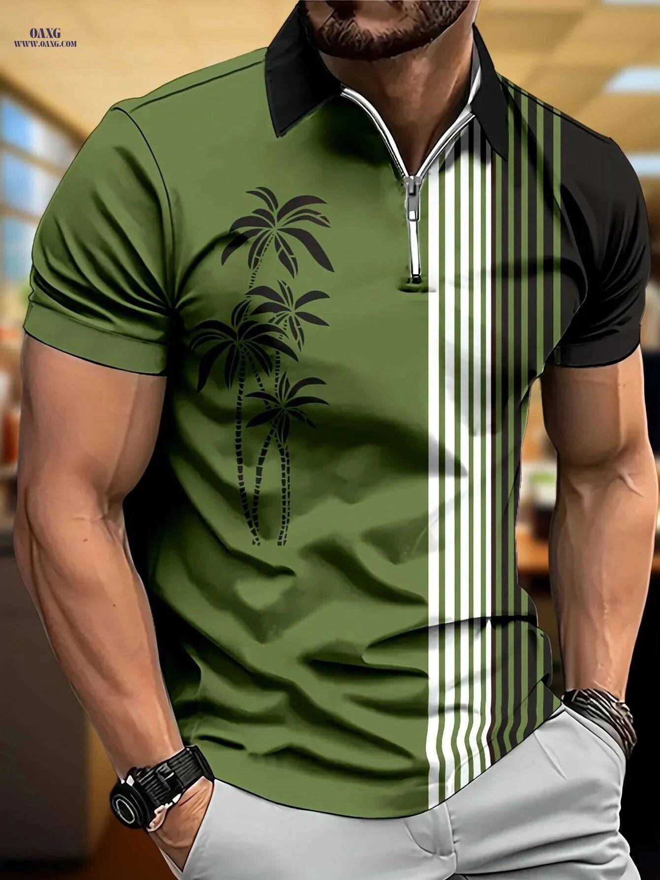 Men's Coconut Tree Stripe Print Zip Up Lapel Shirt - Casual Style   OAXG Navy Blue / M