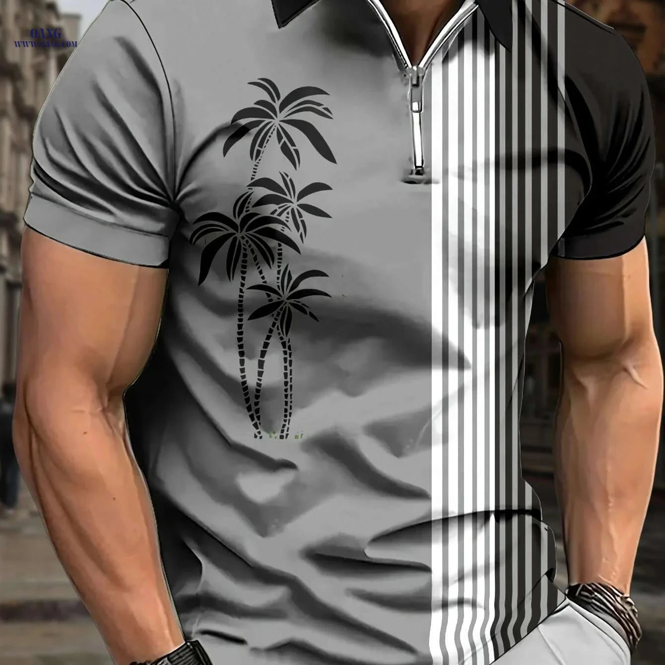 Men's Coconut Tree Stripe Print Zip Up Lapel Shirt - Casual Style   OAXG Navy Blue / M