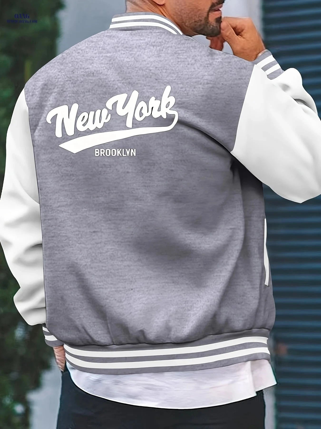 Men’s College Style Baseball Jacket - New York Print, Lightweight Design   OAXG 