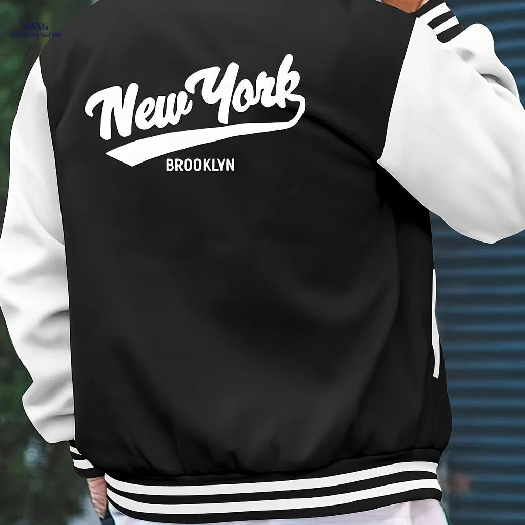Men’s College Style Baseball Jacket - New York Print, Lightweight Design   OAXG 