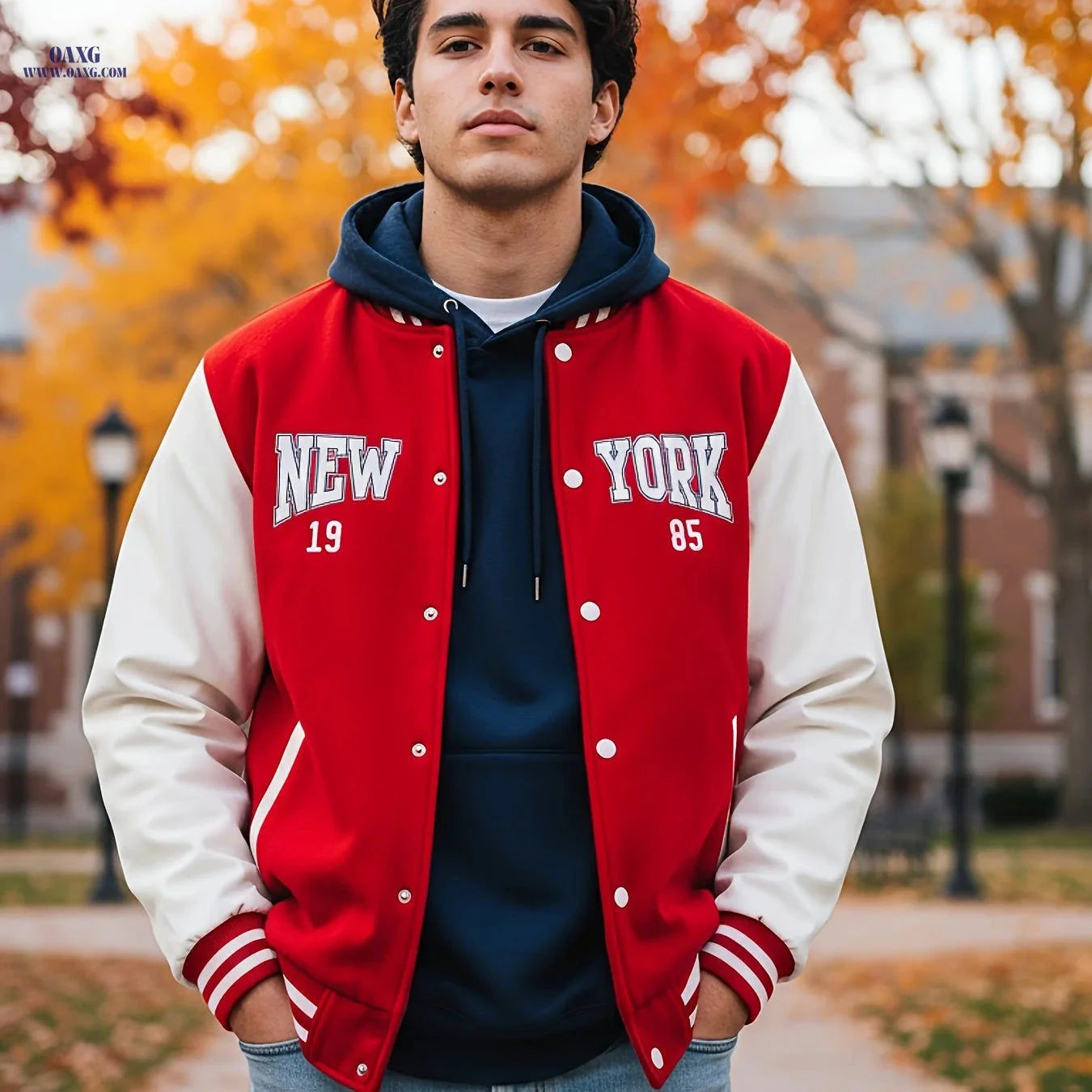 Men’s College Style Baseball Jacket - New York Print, Lightweight Design   OAXG 