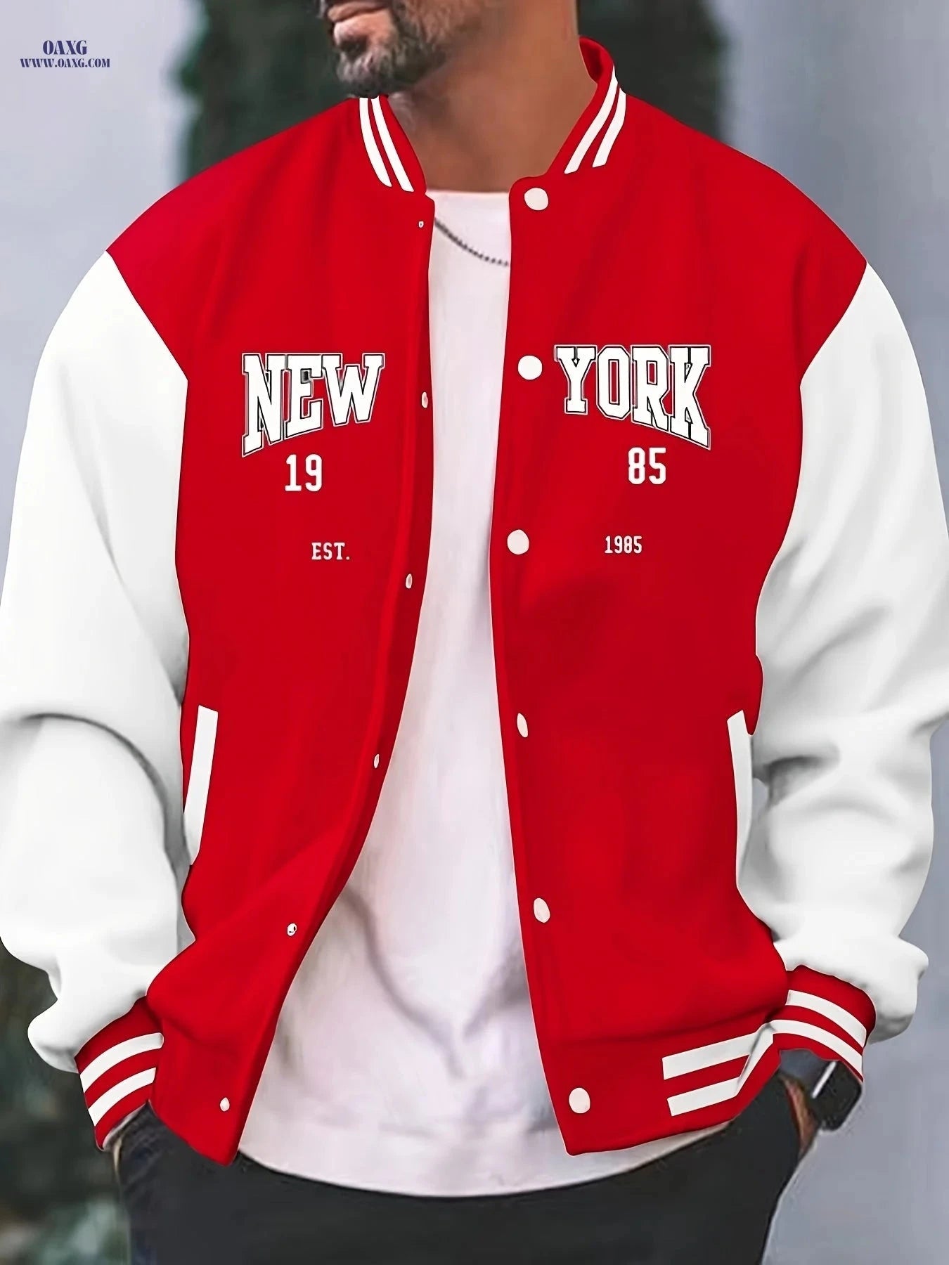 Men’s College Style Baseball Jacket - New York Print, Lightweight Design   OAXG 