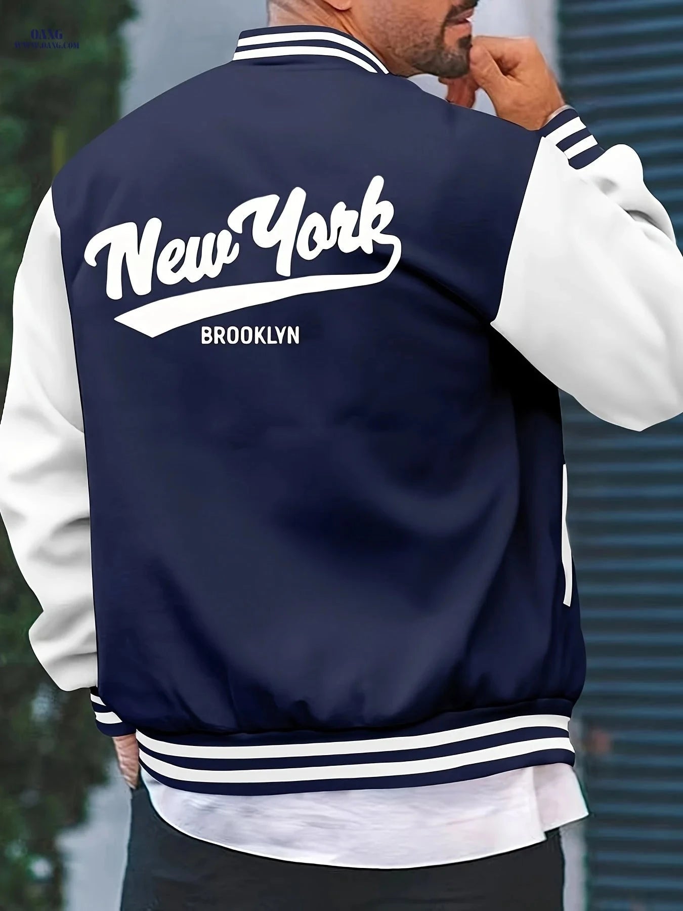 Men’s College Style Baseball Jacket - New York Print, Lightweight Design   OAXG Black / FR S