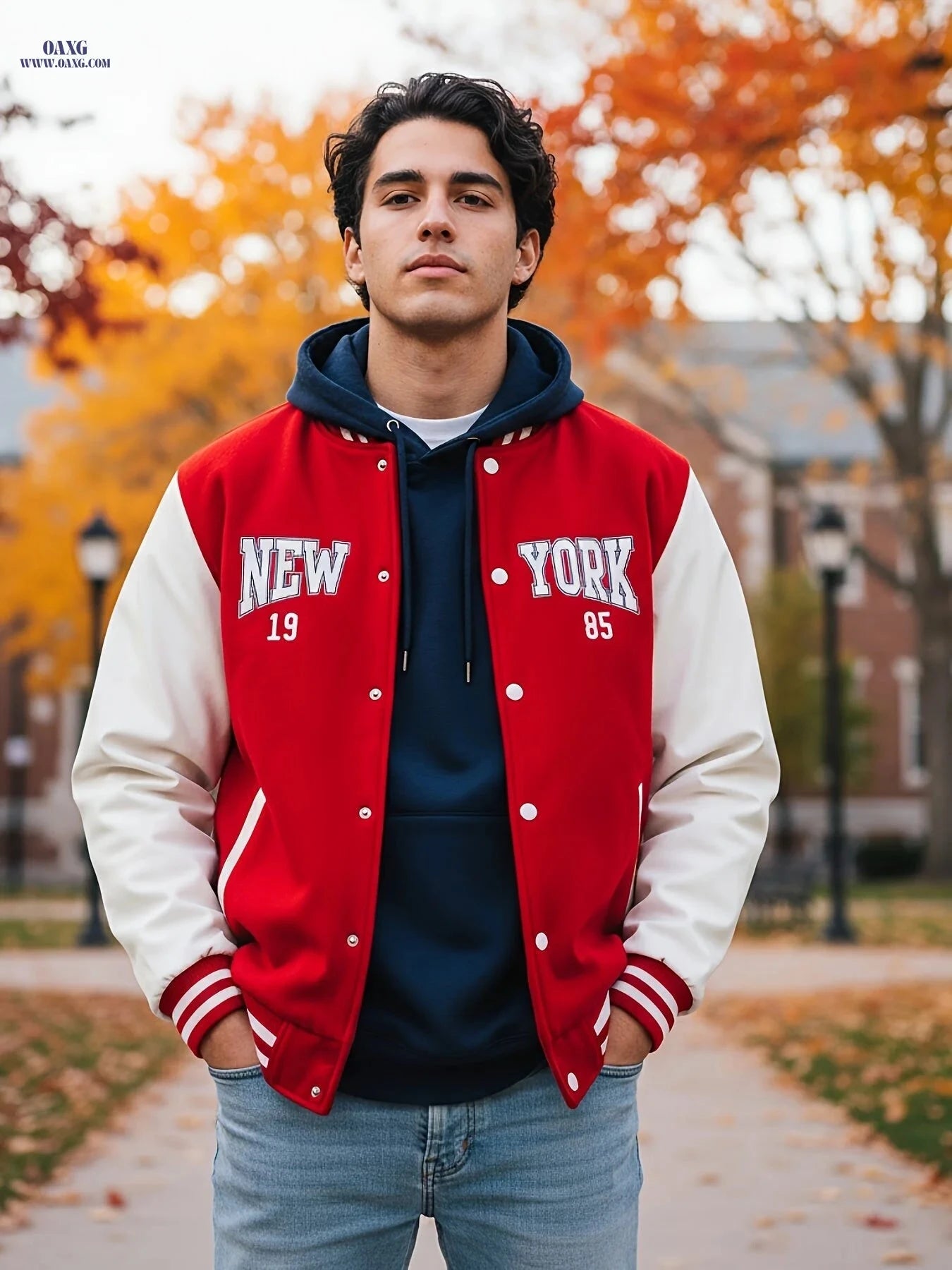 Men’s College Style Baseball Jacket - New York Print, Lightweight Design   OAXG 