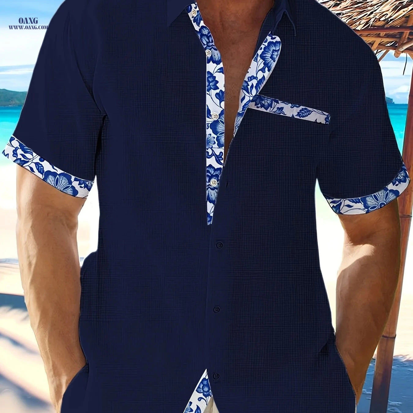 Men's Color-Block Casual Lapel Shirt - Summer Short Sleeve Style   OAXG 