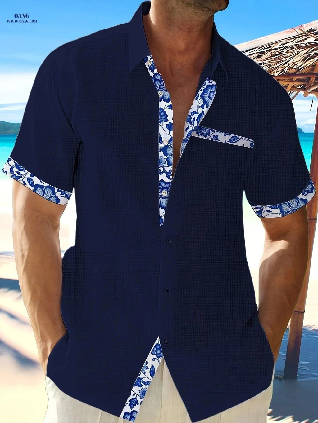 Men's Color-Block Casual Lapel Shirt - Summer Short Sleeve Style   OAXG White / FR S