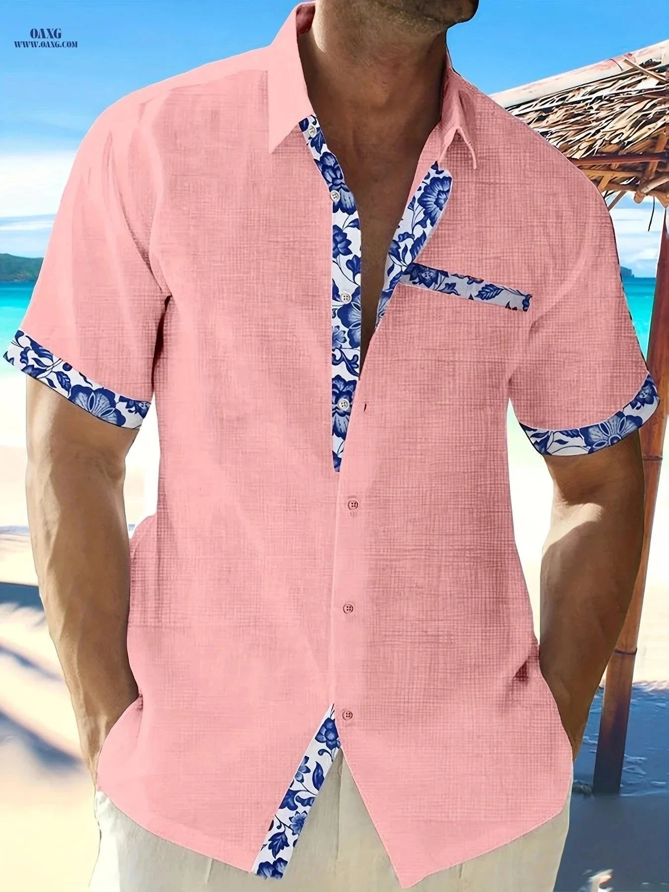 Men's Color-Block Casual Lapel Shirt - Summer Short Sleeve Style   OAXG White / FR S