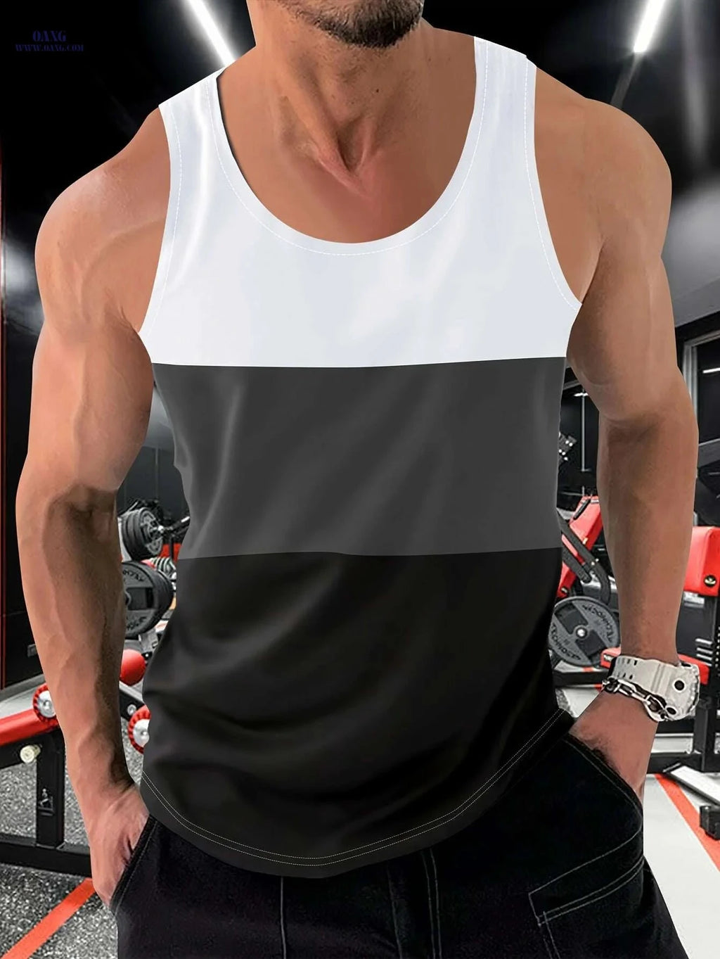 Men's Color Block Crew Neck Tank Top - Trendy Summer Gym Wear   OAXG White / S