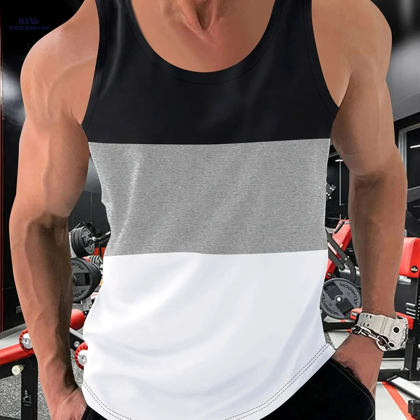 Men's Color Block Crew Neck Tank Top - Trendy Summer Gym Wear   OAXG White / S