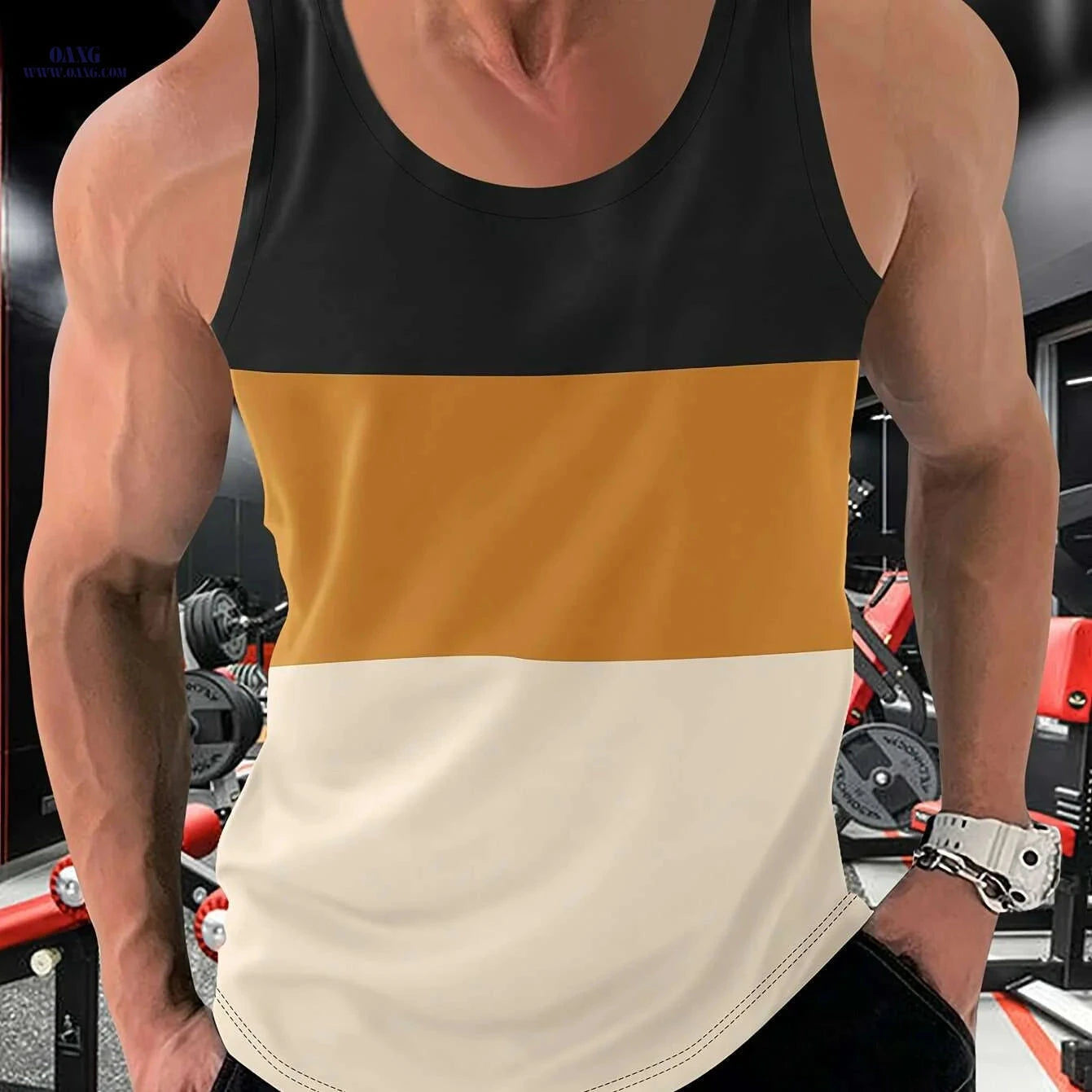 Men's Color Block Crew Neck Tank Top - Trendy Summer Gym Wear   OAXG 