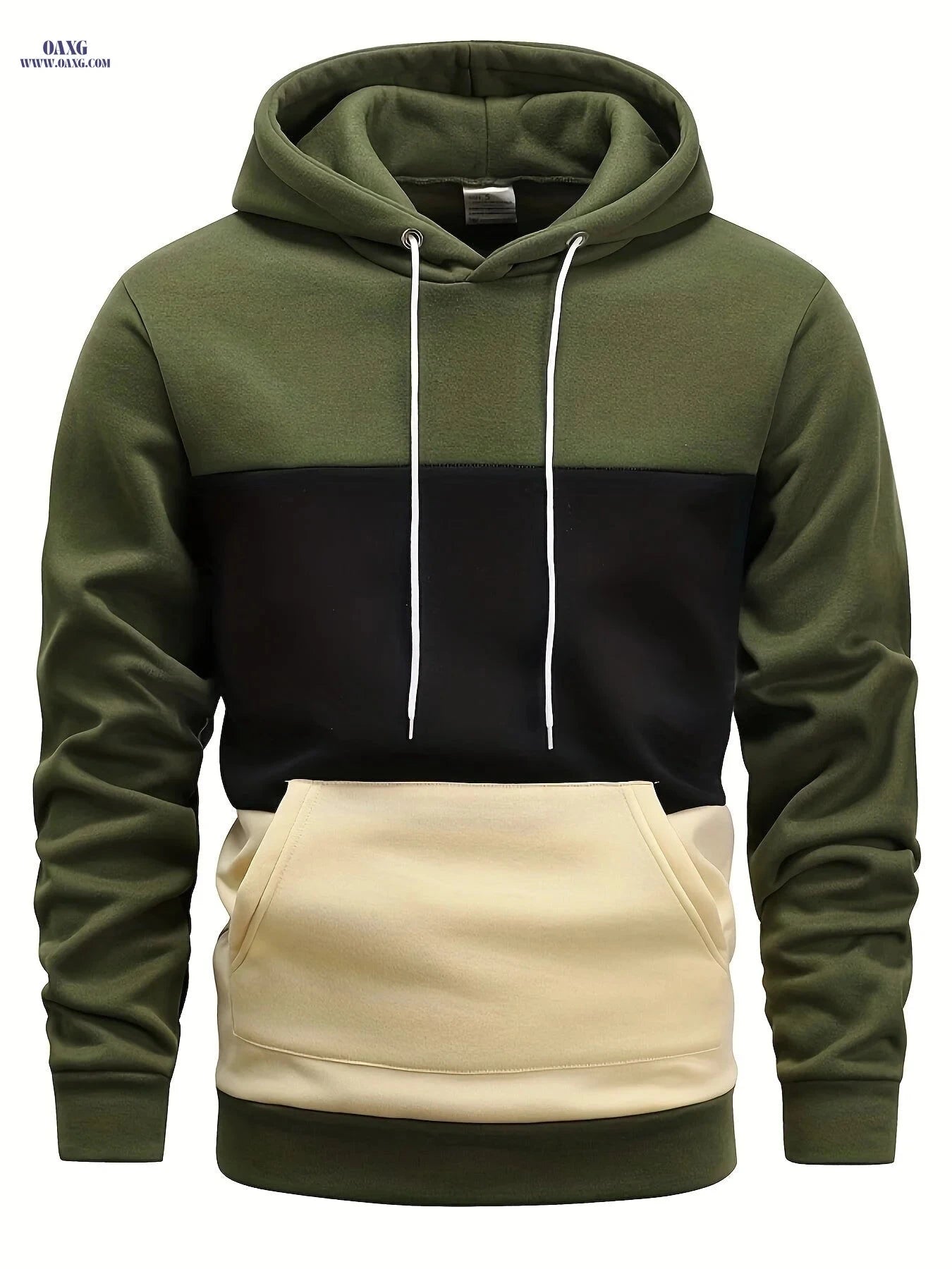 Men's Color Block Hoodie - Casual Long Sleeve Pullover with Pocket   OAXG Army Green / FR S