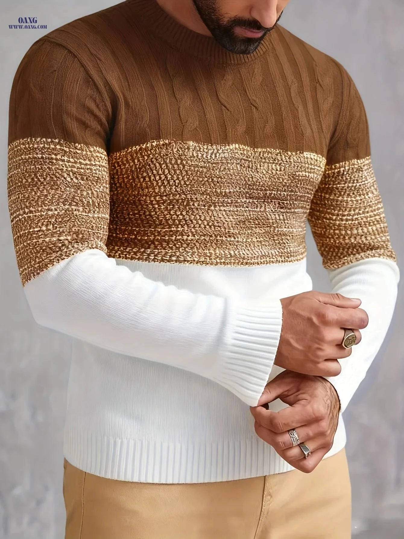 Men's Color Block Pullover - Casual Crew Neck Sweater for Fall   OAXG 